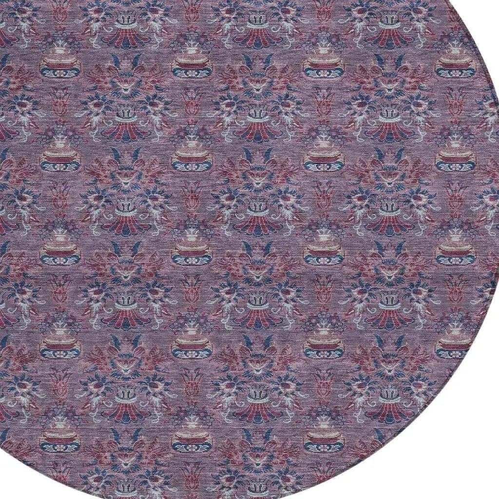 8' Plum And Gray Round Floral Washable Indoor Outdoor Area Rug Homeroots Outdoor