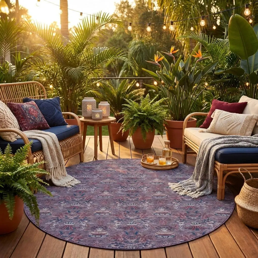8' Plum And Gray Round Floral Washable Indoor Outdoor Area Rug Homeroots Outdoor