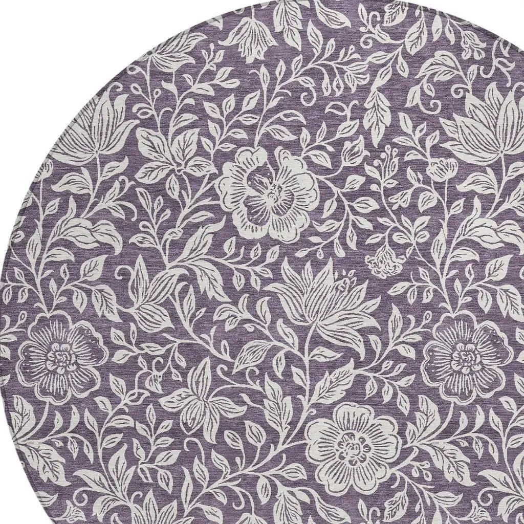 8' Plum And Ivory Round Floral Washable Indoor Outdoor Area Rug Homeroots Outdoor