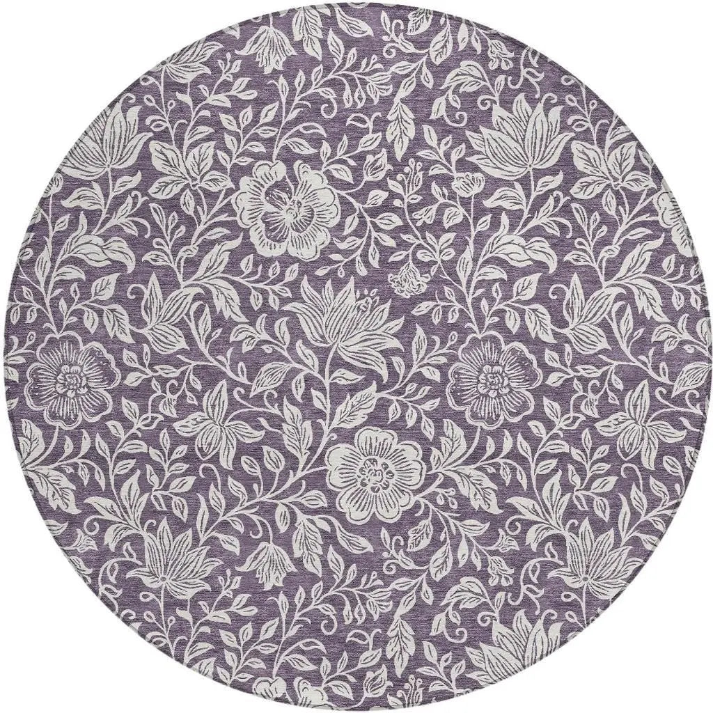 8' Plum And Ivory Round Floral Washable Indoor Outdoor Area Rug Homeroots Outdoor