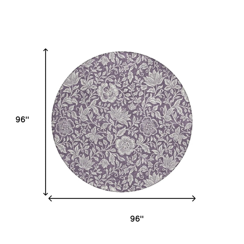 8' Plum And Ivory Round Floral Washable Indoor Outdoor Area Rug Homeroots Outdoor