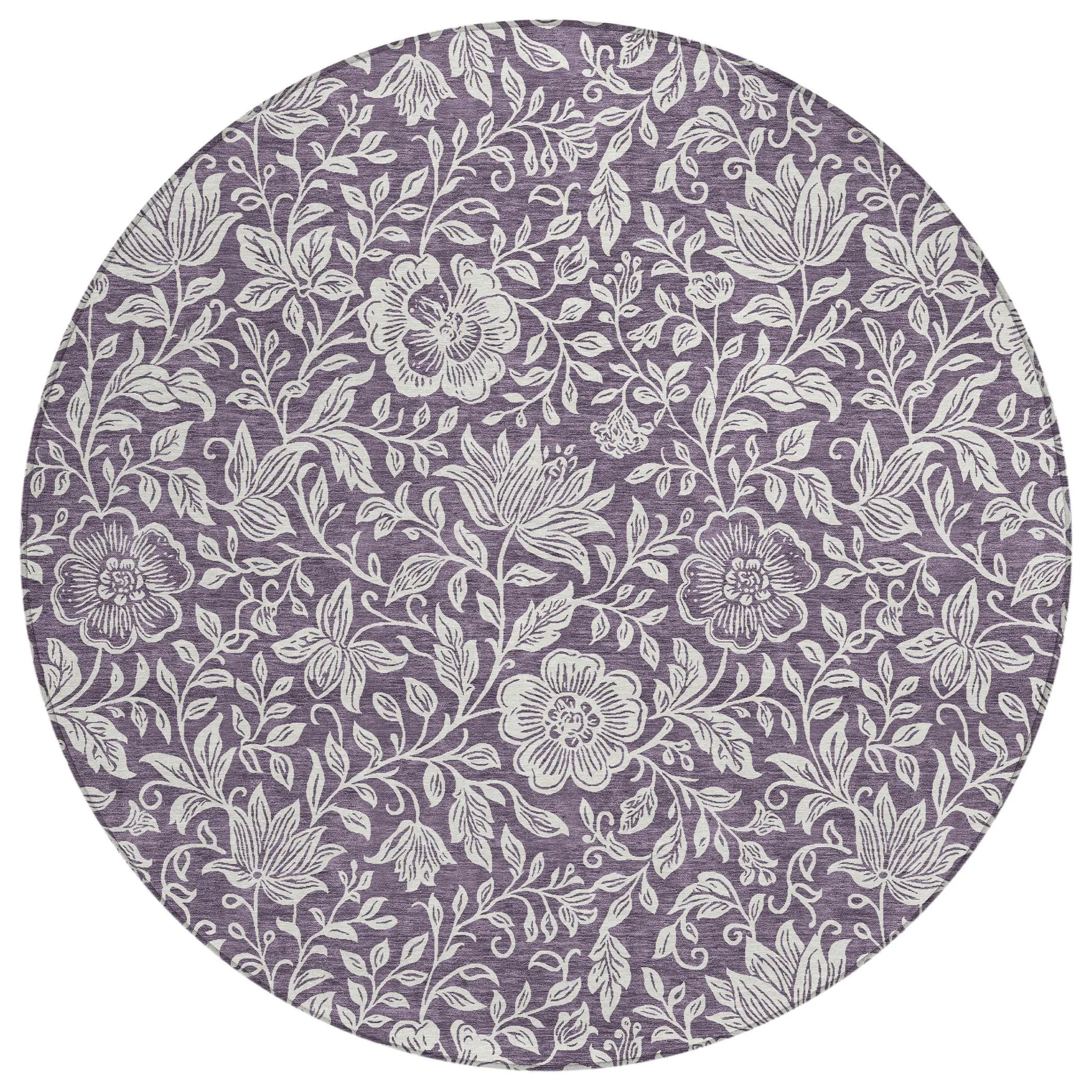 8' Plum And Ivory Round Floral Washable Indoor Outdoor Area Rug Homeroots Outdoor