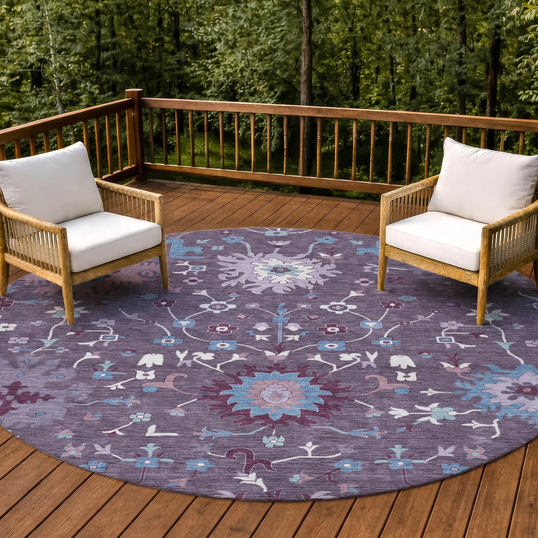 8' Plum And Lavender Round Faux Bois Washable Indoor Outdoor Area Rug Homeroots Outdoor