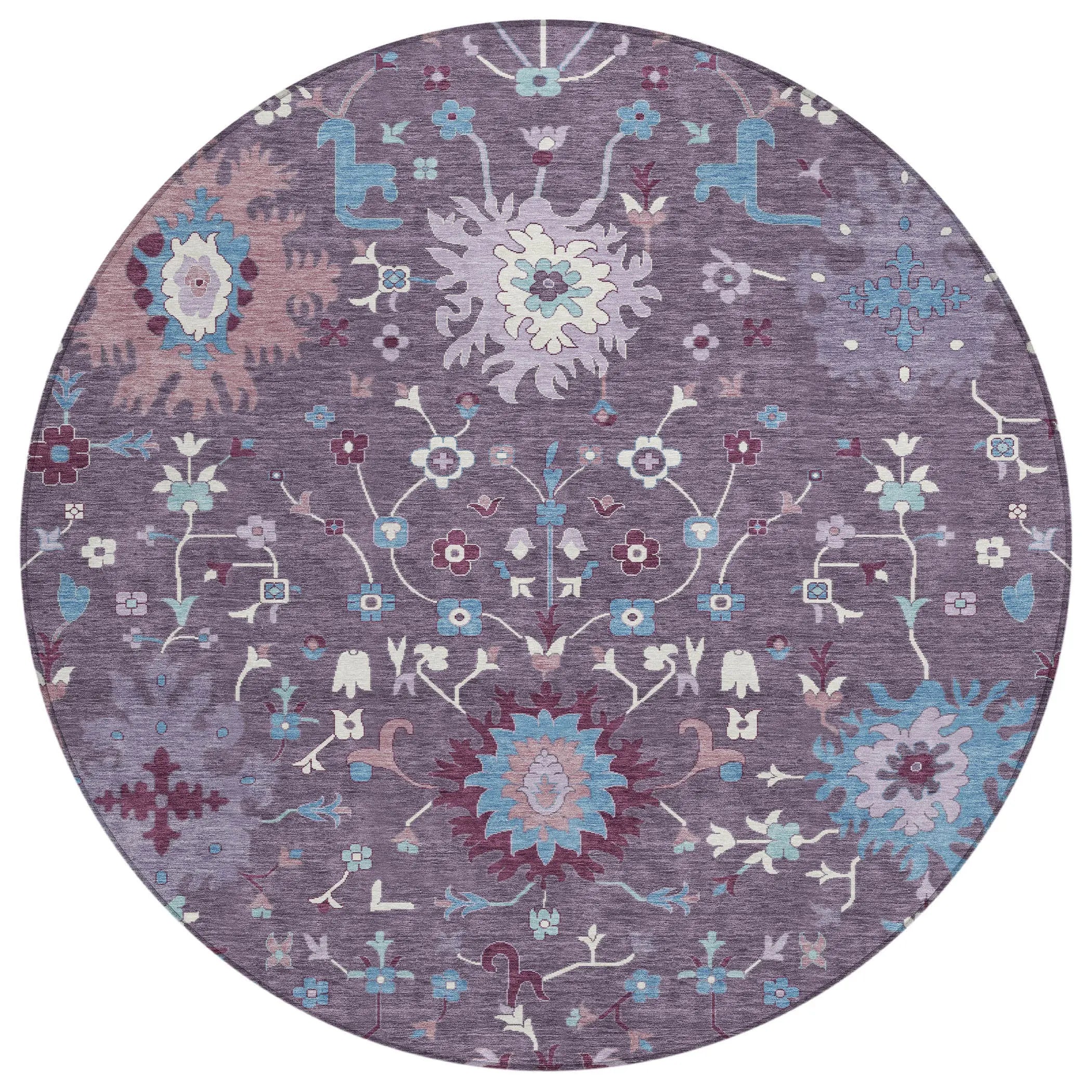8' Plum And Lavender Round Faux Bois Washable Indoor Outdoor Area Rug Homeroots Outdoor