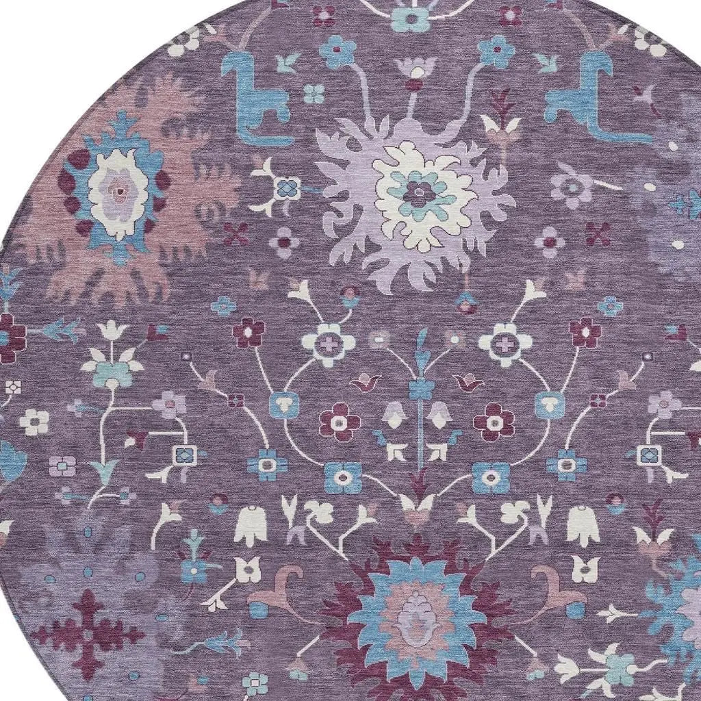 8' Plum And Lavender Round Faux Bois Washable Indoor Outdoor Area Rug Homeroots Outdoor