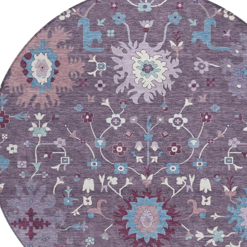 8' Plum And Lavender Round Faux Bois Washable Indoor Outdoor Area Rug Homeroots Outdoor