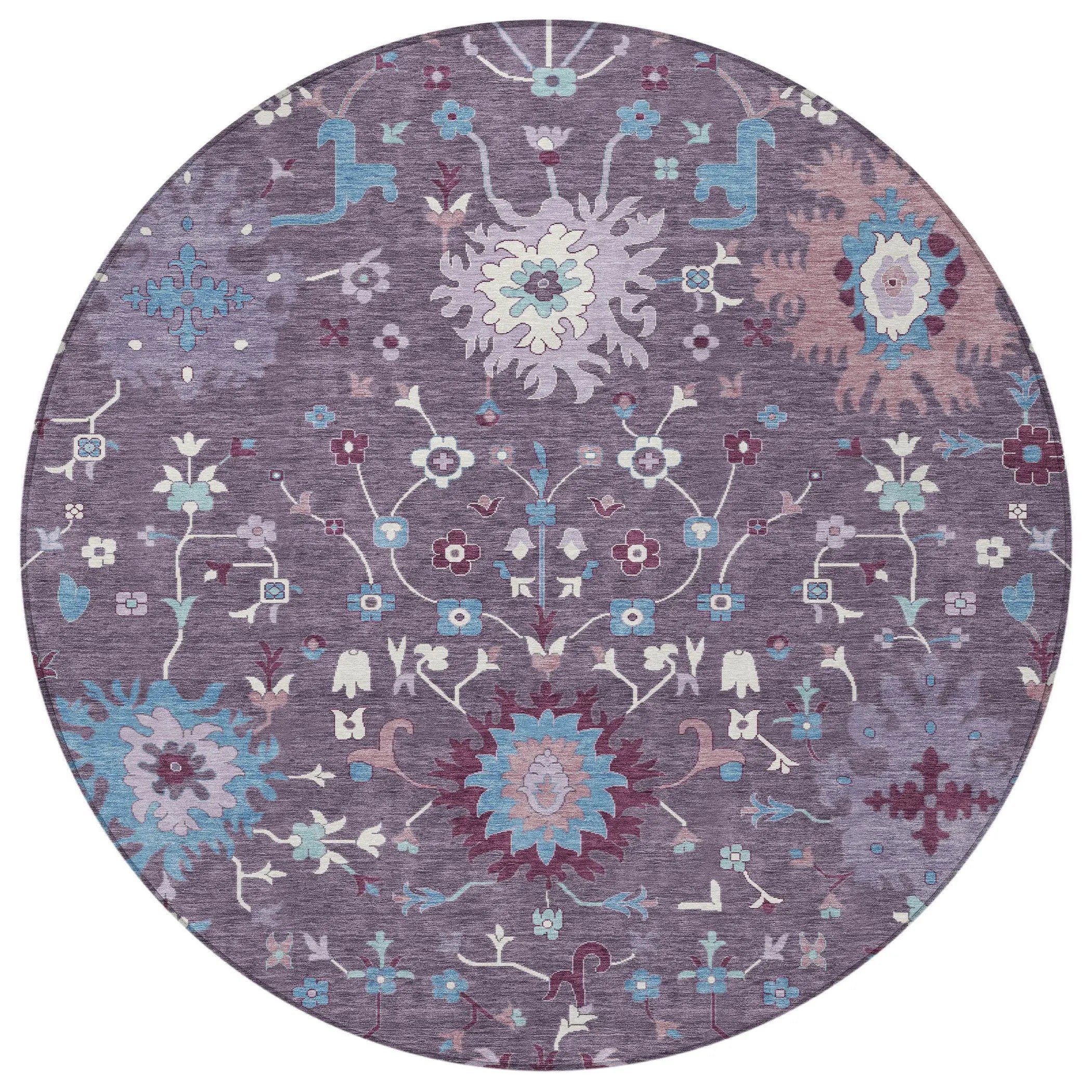 8' Plum And Lavender Round Faux Bois Washable Indoor Outdoor Area Rug Homeroots Outdoor