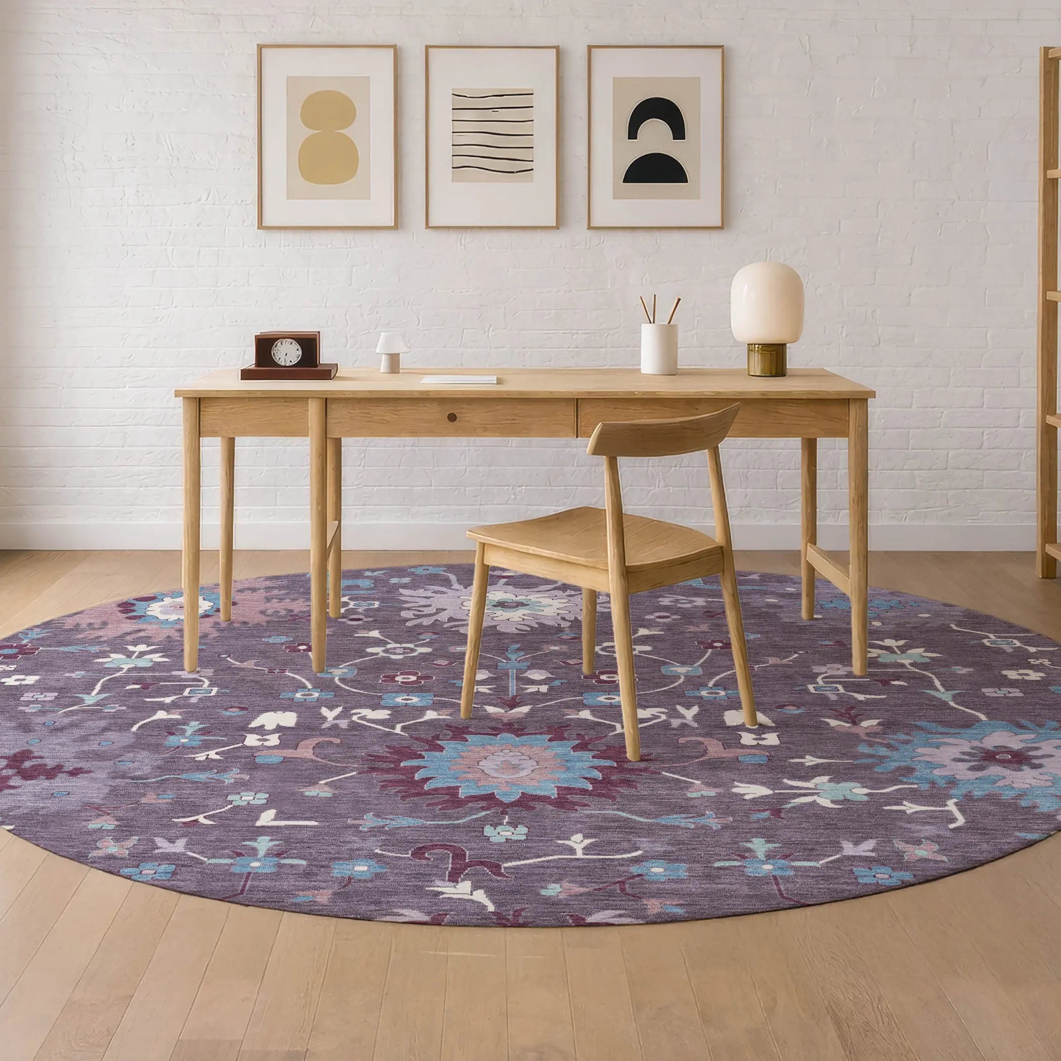 8' Plum And Lavender Round Faux Bois Washable Indoor Outdoor Area Rug Homeroots Outdoor