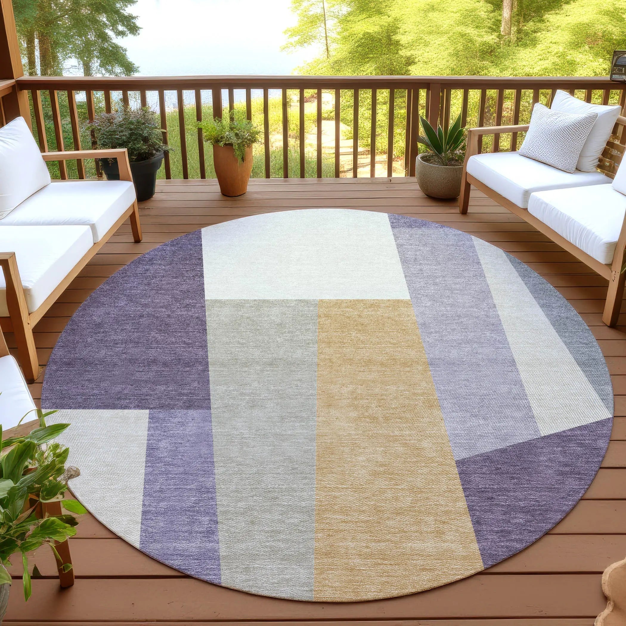 8' Plum And Lavender Round Geometric Washable Indoor Outdoor Area Rug Homeroots Outdoor