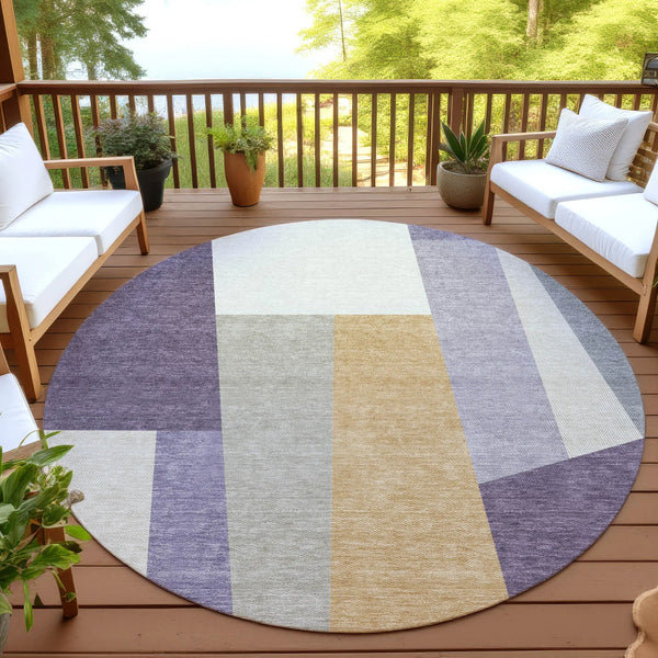 8' Plum And Lavender Round Geometric Washable Indoor Outdoor Area Rug Homeroots Outdoor