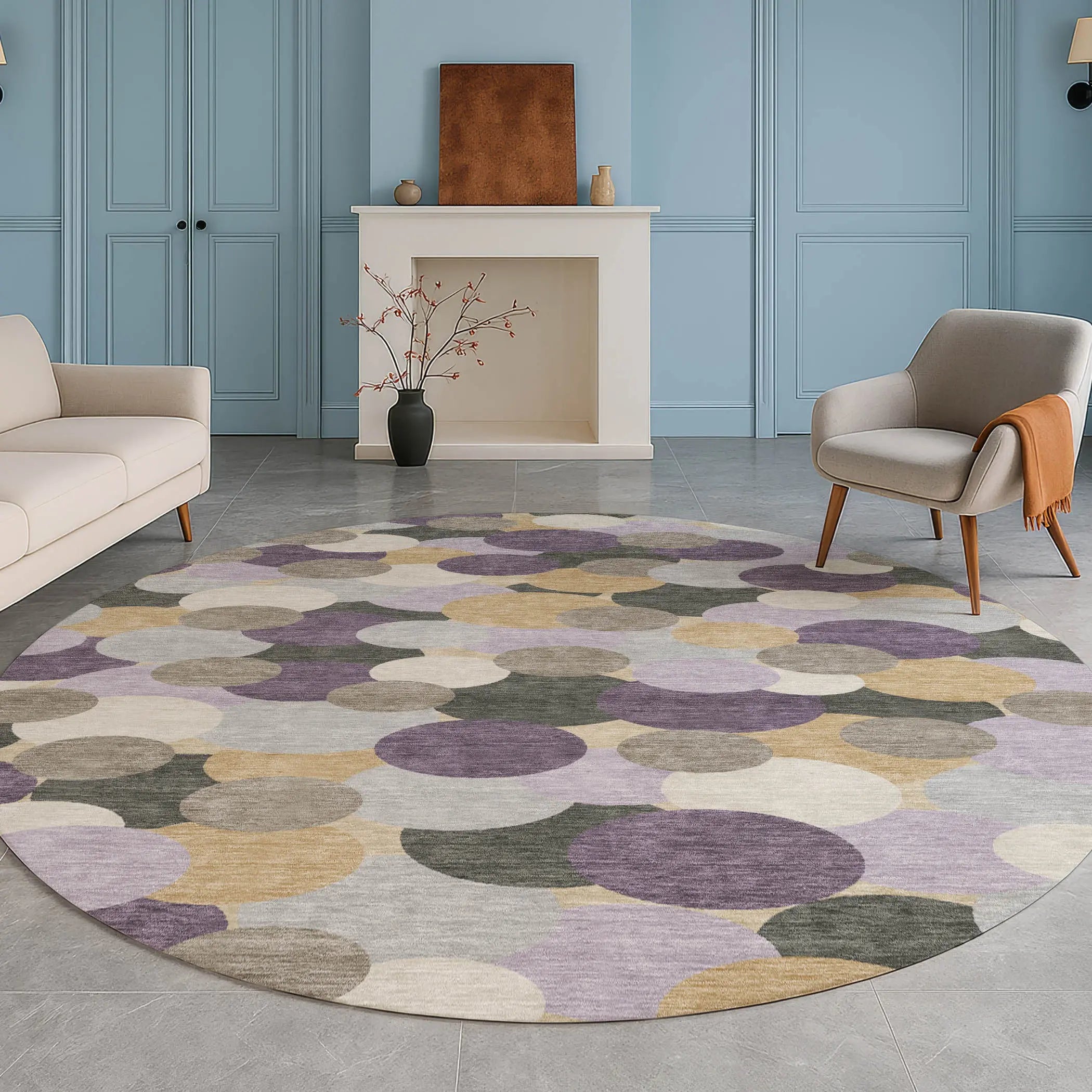 8' Plum And Lavender Round Geometric Washable Indoor Outdoor Area Rug Homeroots Outdoor