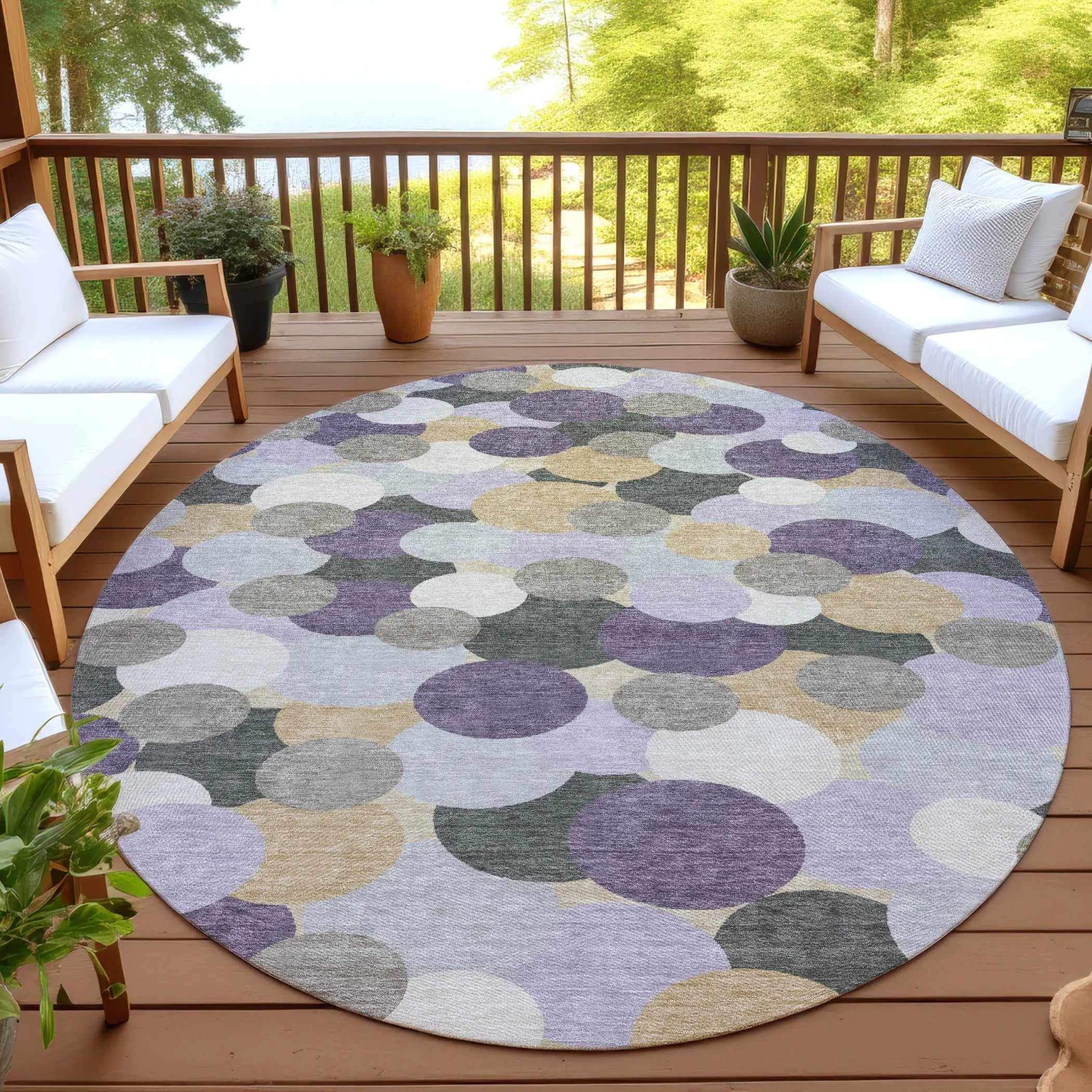 8' Plum And Lavender Round Geometric Washable Indoor Outdoor Area Rug Homeroots Outdoor