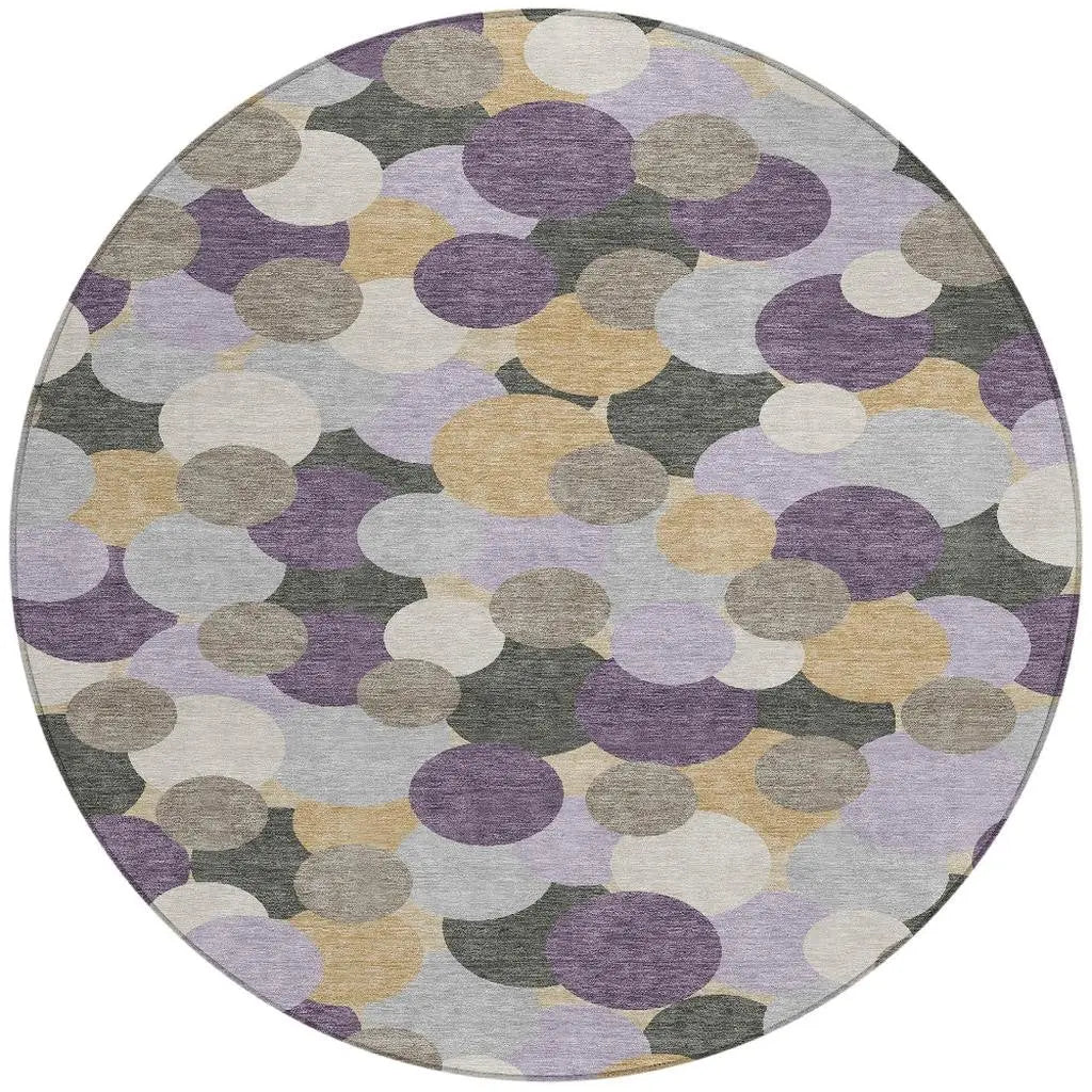 8' Plum And Lavender Round Geometric Washable Indoor Outdoor Area Rug Homeroots Outdoor