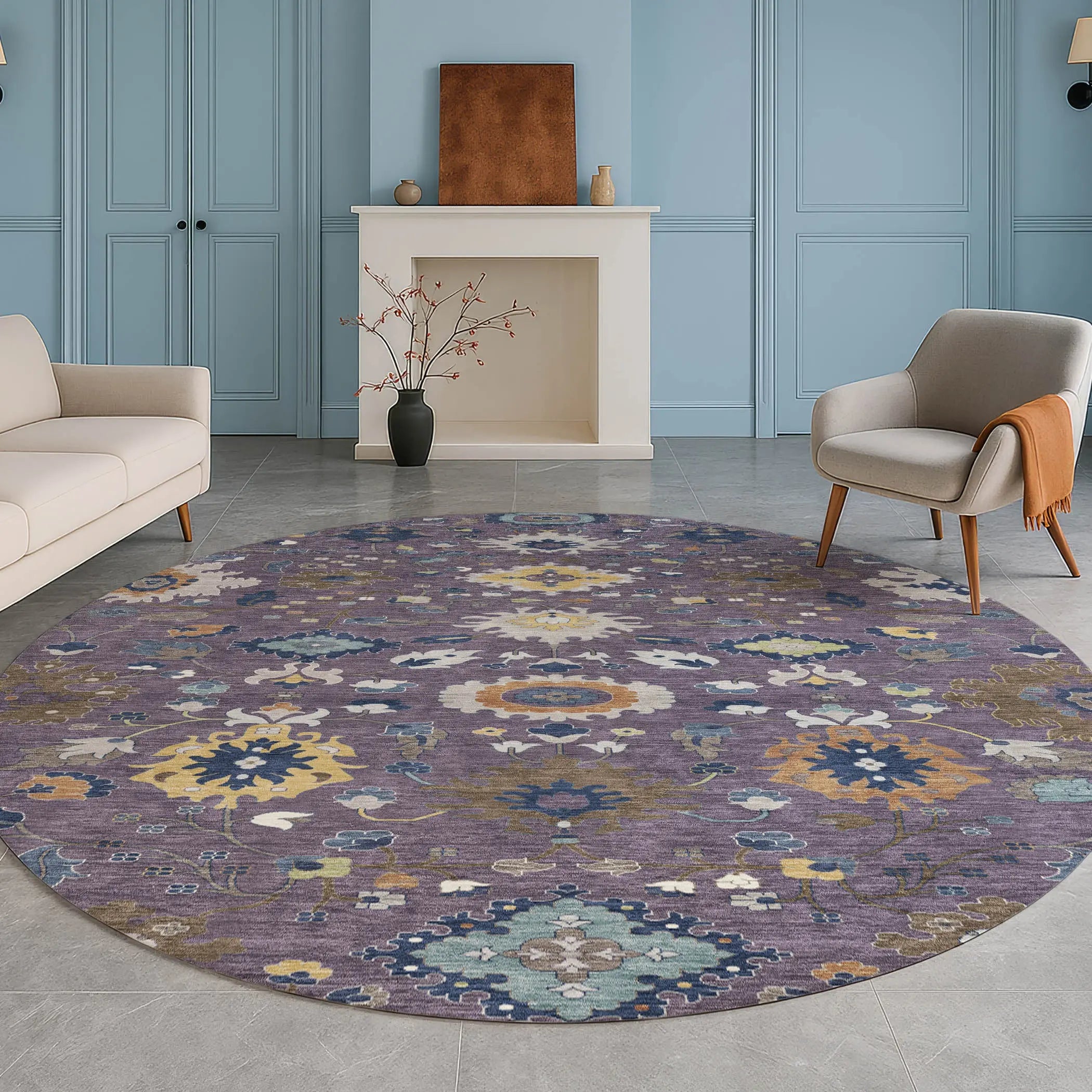 8' Plum And Navy Blue Round Floral Medallion Washable Indoor Outdoor Area Rug Homeroots Outdoor