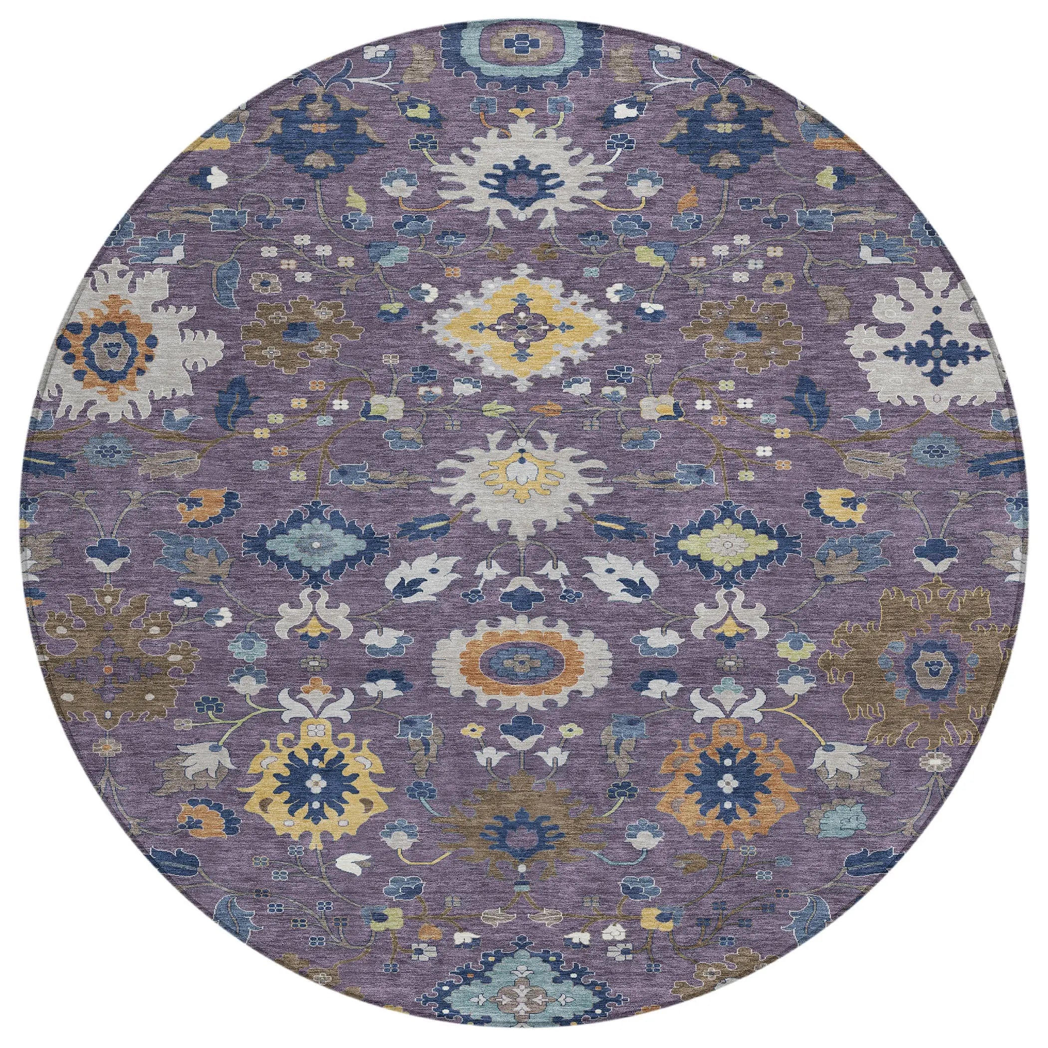 8' Plum And Navy Blue Round Floral Medallion Washable Indoor Outdoor Area Rug Homeroots Outdoor