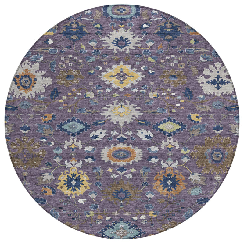 8' Plum And Navy Blue Round Floral Medallion Washable Indoor Outdoor Area Rug Homeroots Outdoor