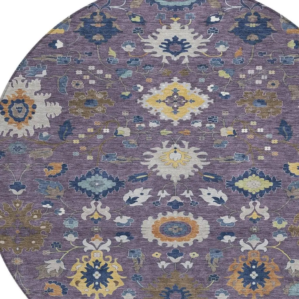 8' Plum And Navy Blue Round Floral Medallion Washable Indoor Outdoor Area Rug Homeroots Outdoor