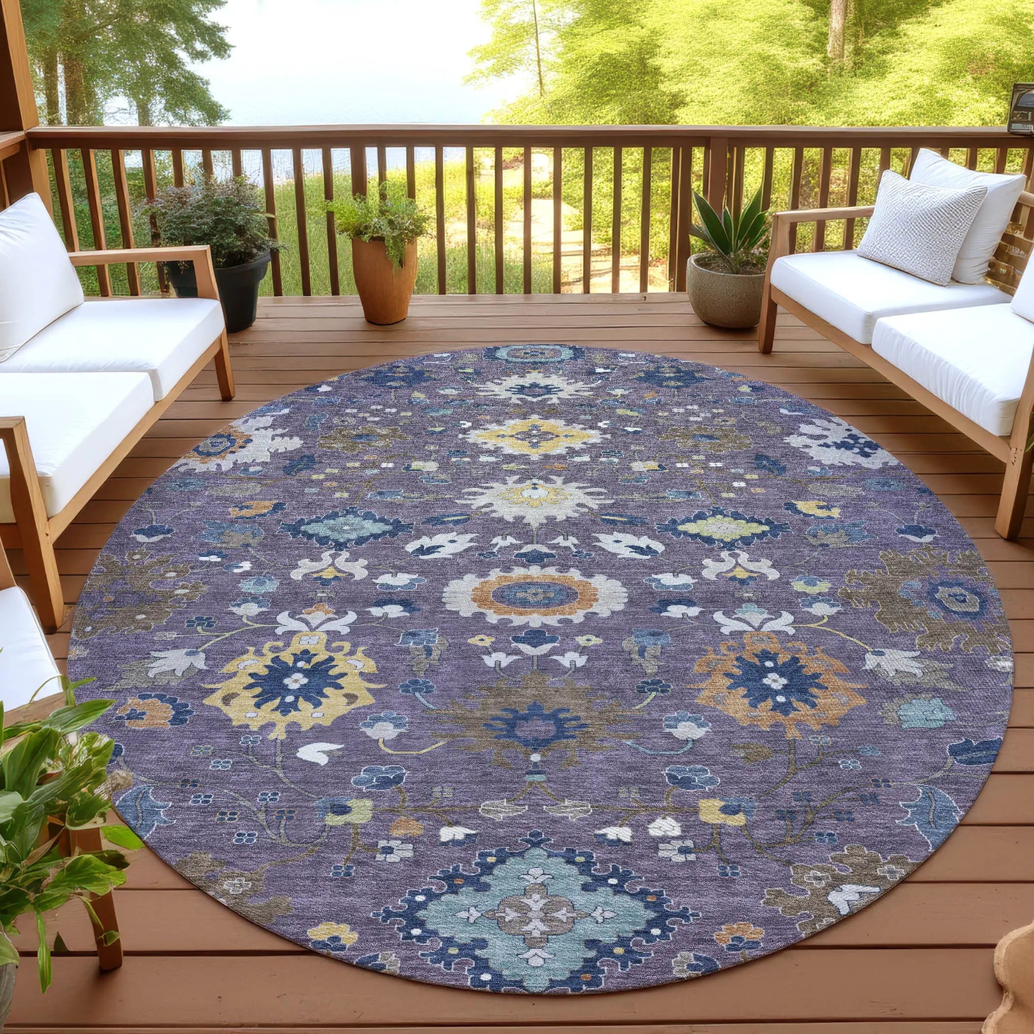 8' Plum And Navy Blue Round Floral Medallion Washable Indoor Outdoor Area Rug Homeroots Outdoor
