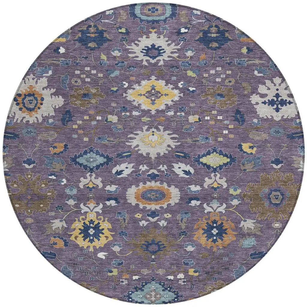 8' Plum And Navy Blue Round Floral Medallion Washable Indoor Outdoor Area Rug Homeroots Outdoor