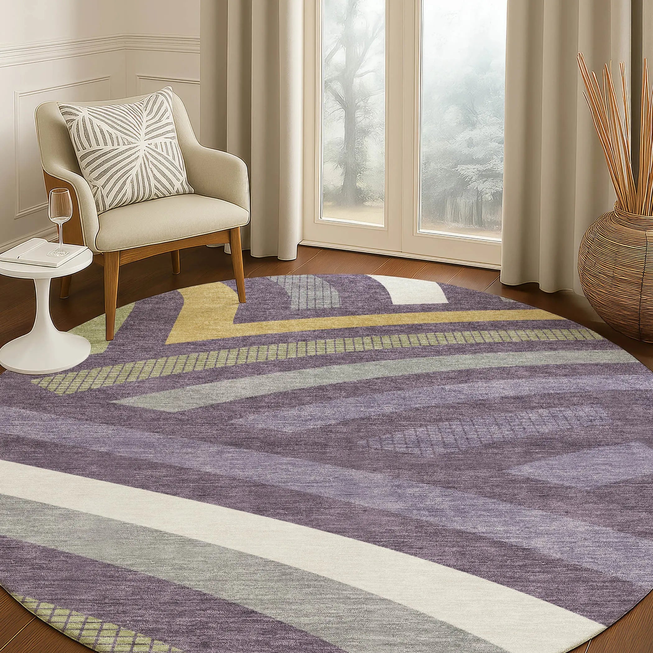 8' Plum And Purple Round Abstract Washable Indoor Outdoor Area Rug Homeroots Outdoor