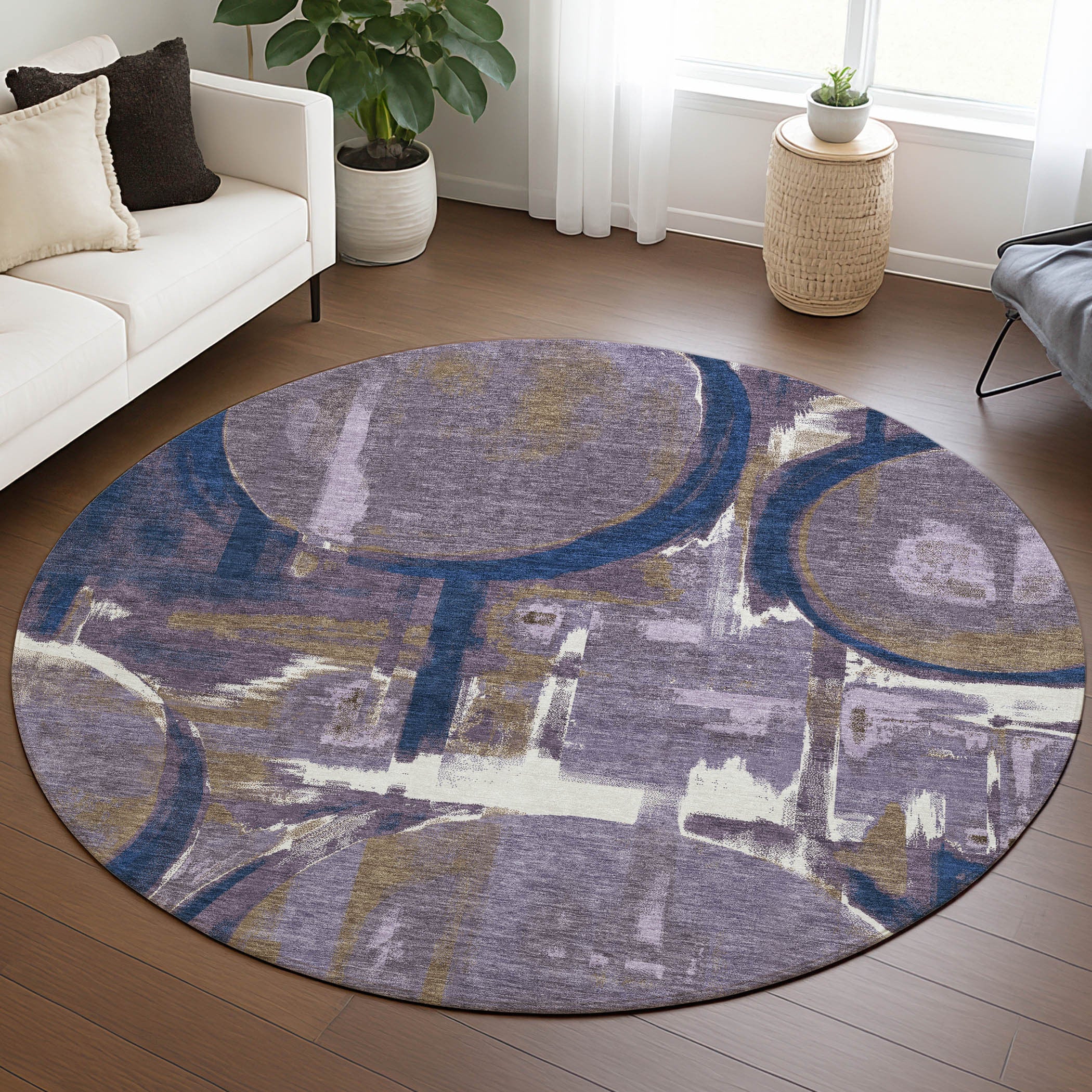 8' Plum And Purple Round Abstract Washable Indoor Outdoor Area Rug Homeroots Outdoor