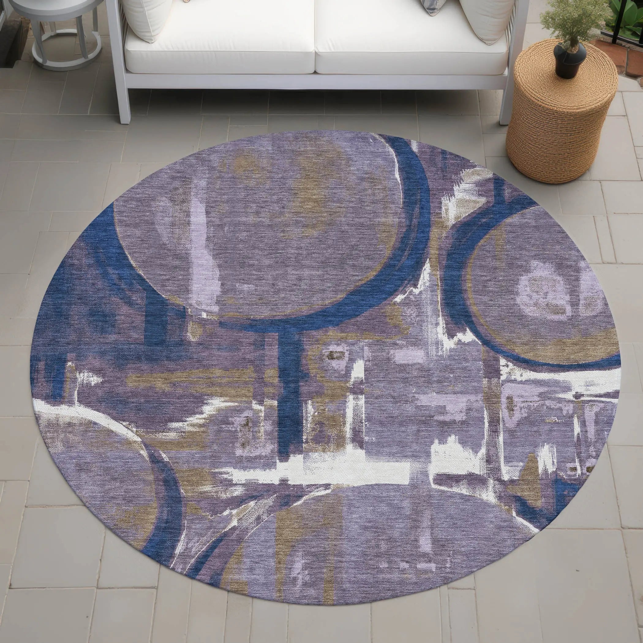 8' Plum And Purple Round Abstract Washable Indoor Outdoor Area Rug Homeroots Outdoor