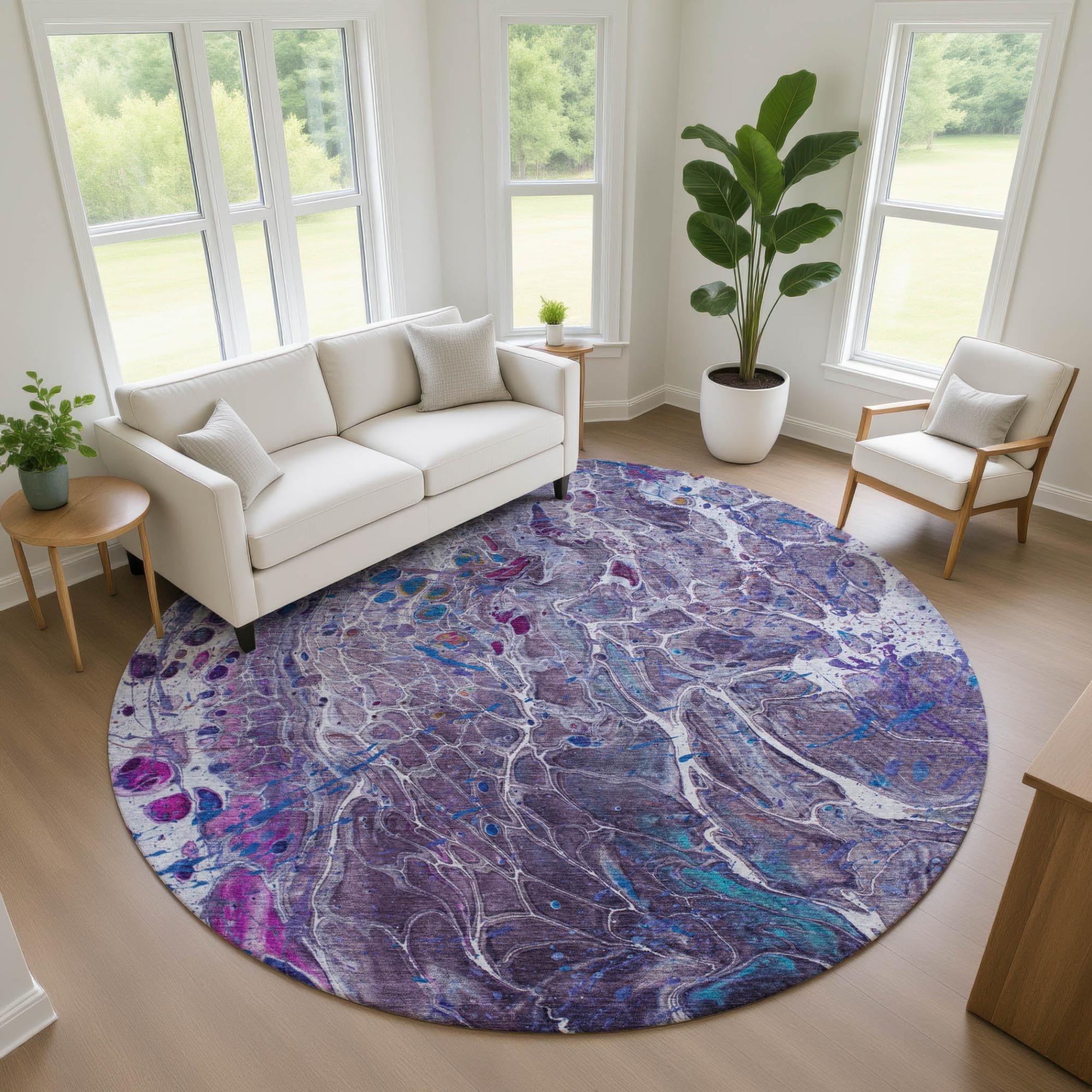 8' Plum And Purple Round Abstract Washable Indoor Outdoor Area Rug Homeroots Outdoor
