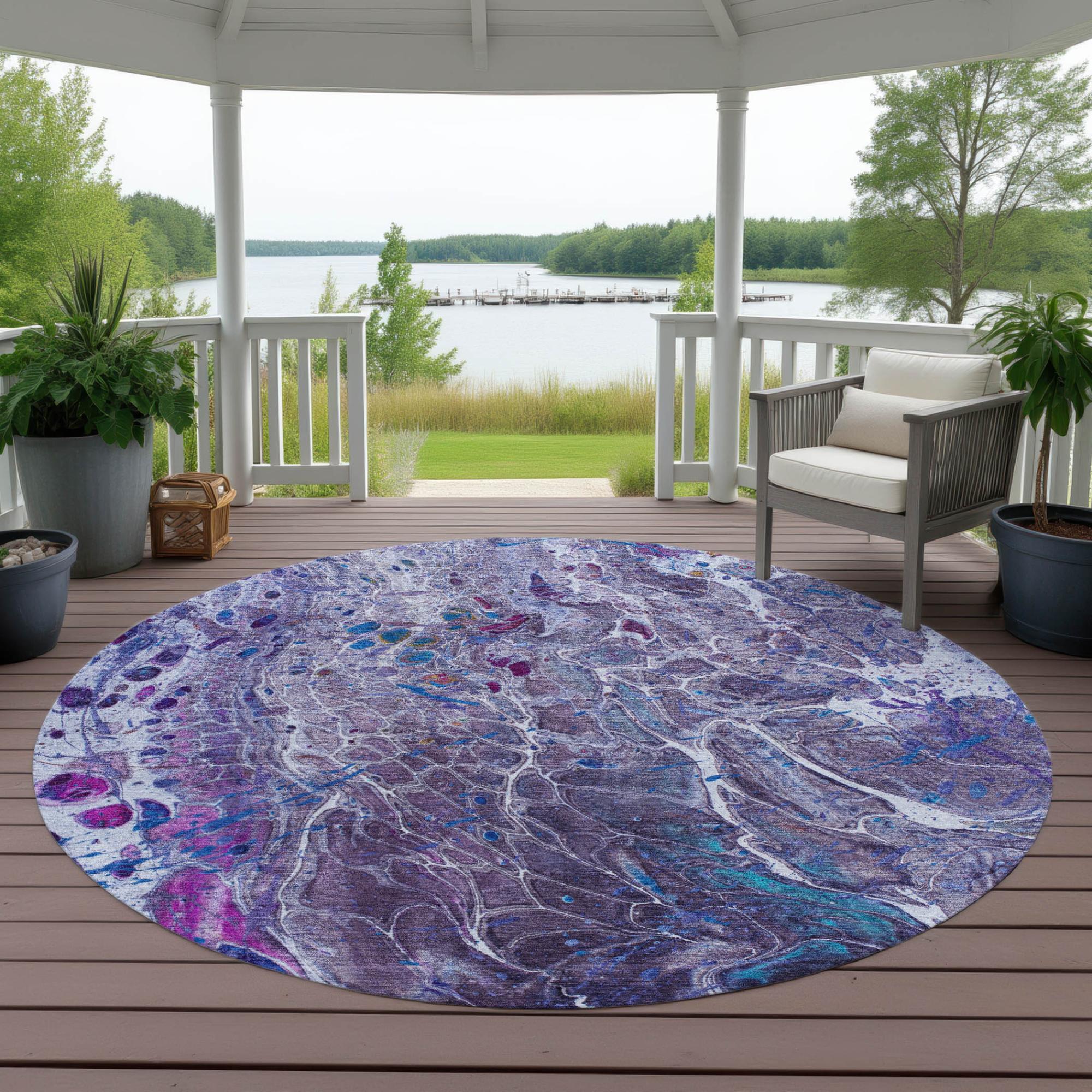 8' Plum And Purple Round Abstract Washable Indoor Outdoor Area Rug Homeroots Outdoor