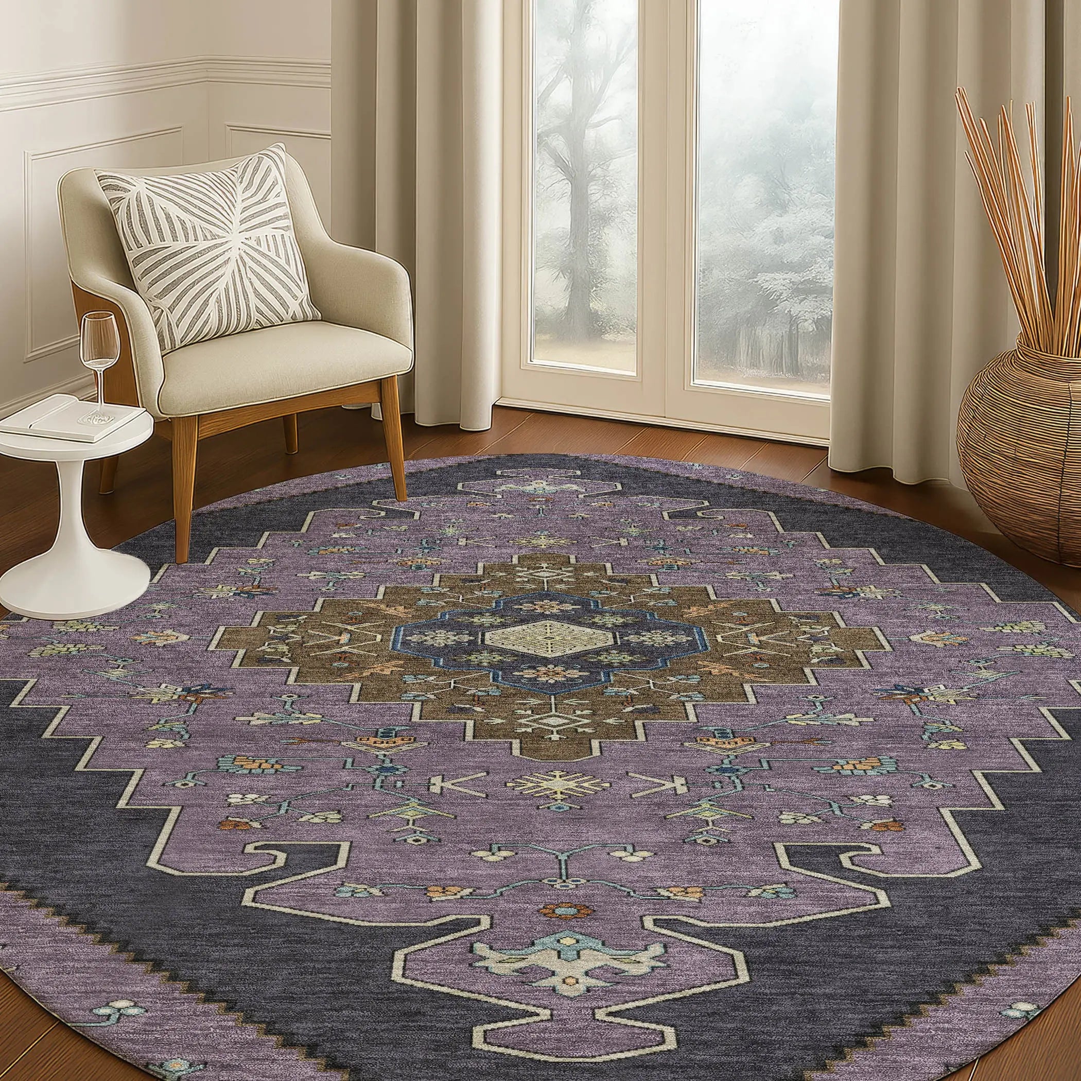 8' Plum And Purple Round Geometric Washable Indoor Outdoor Area Rug Homeroots Outdoor