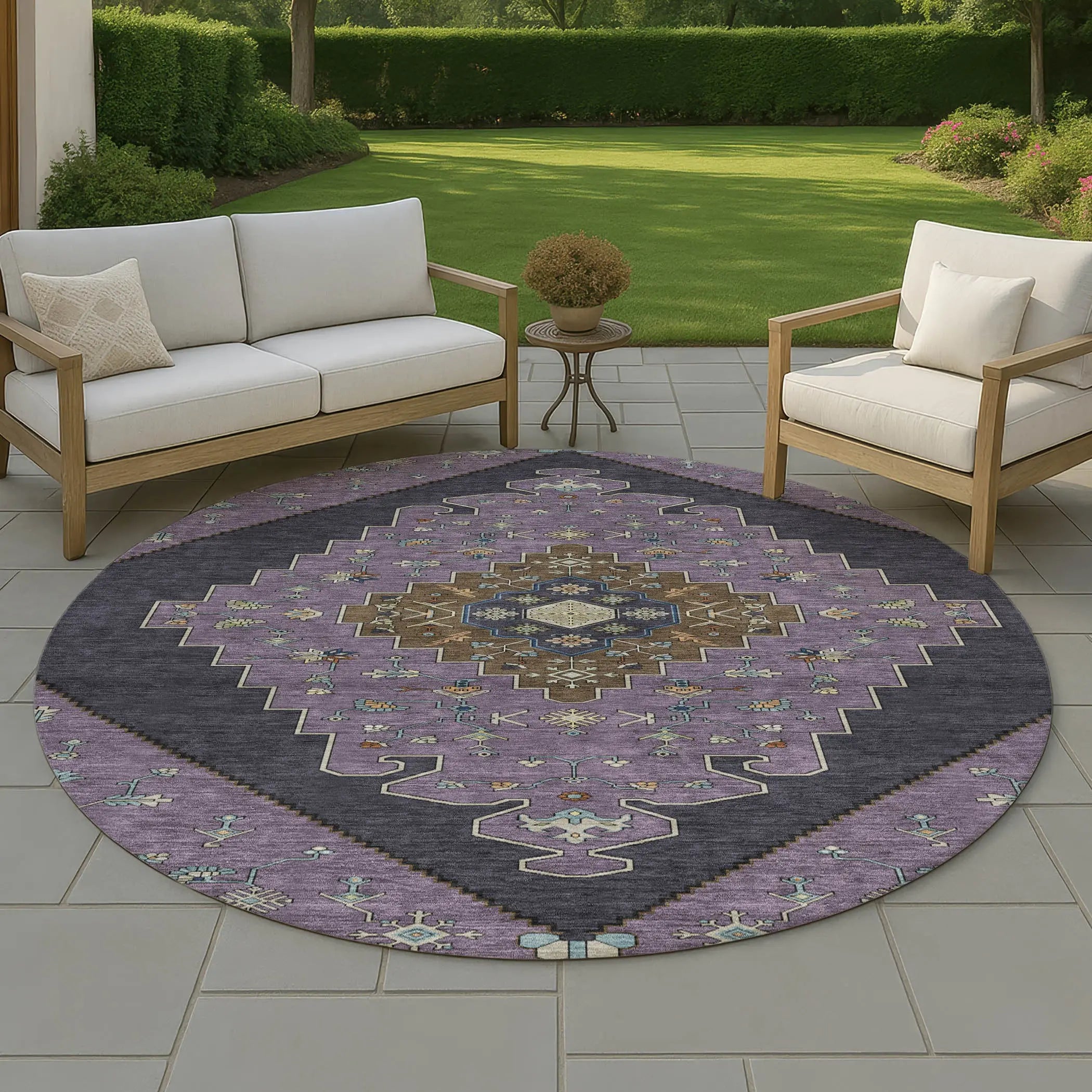 8' Plum And Purple Round Geometric Washable Indoor Outdoor Area Rug Homeroots Outdoor