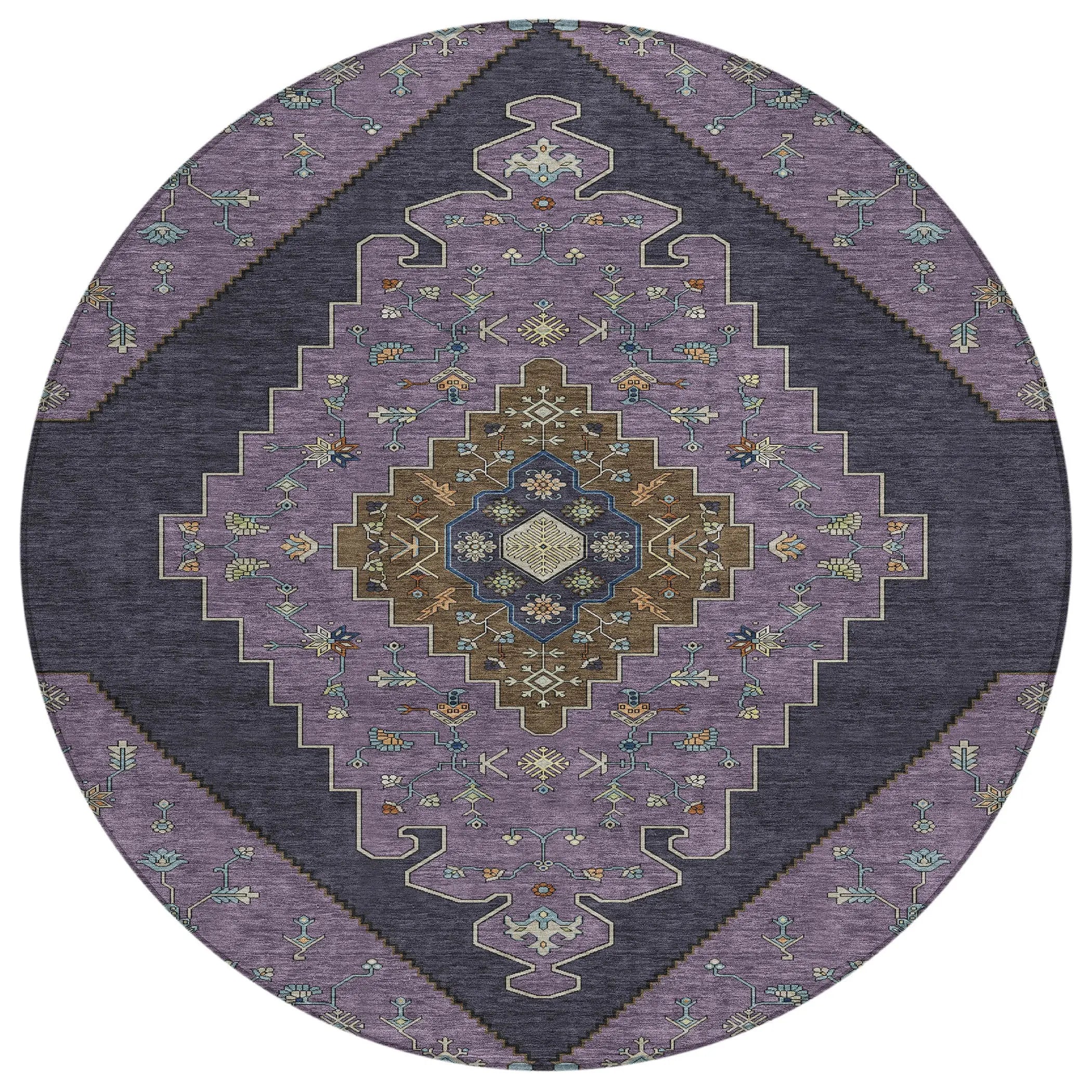 8' Plum And Purple Round Geometric Washable Indoor Outdoor Area Rug Homeroots Outdoor