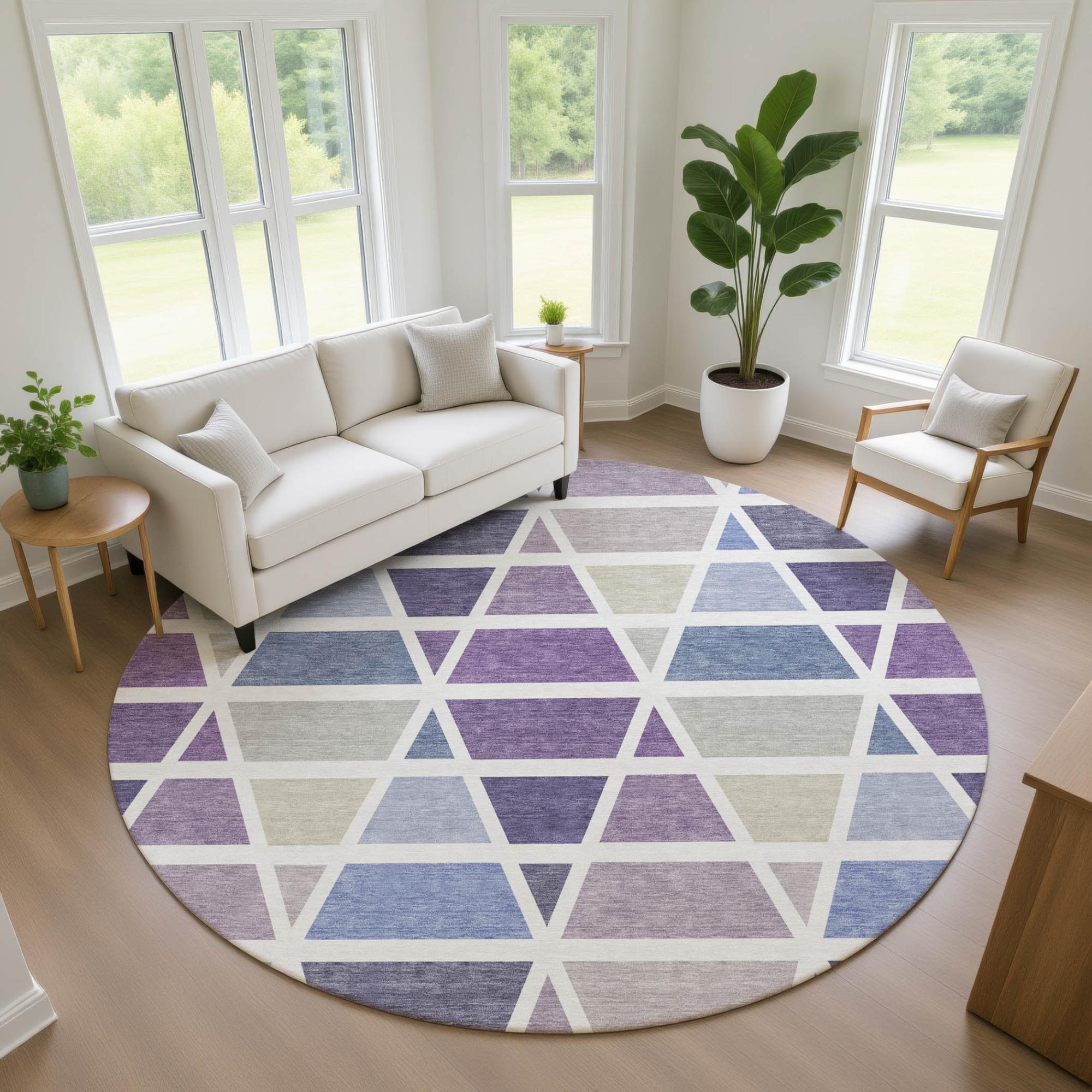 8' Plum And Purple Round Geometric Washable Indoor Outdoor Area Rug Homeroots Outdoor
