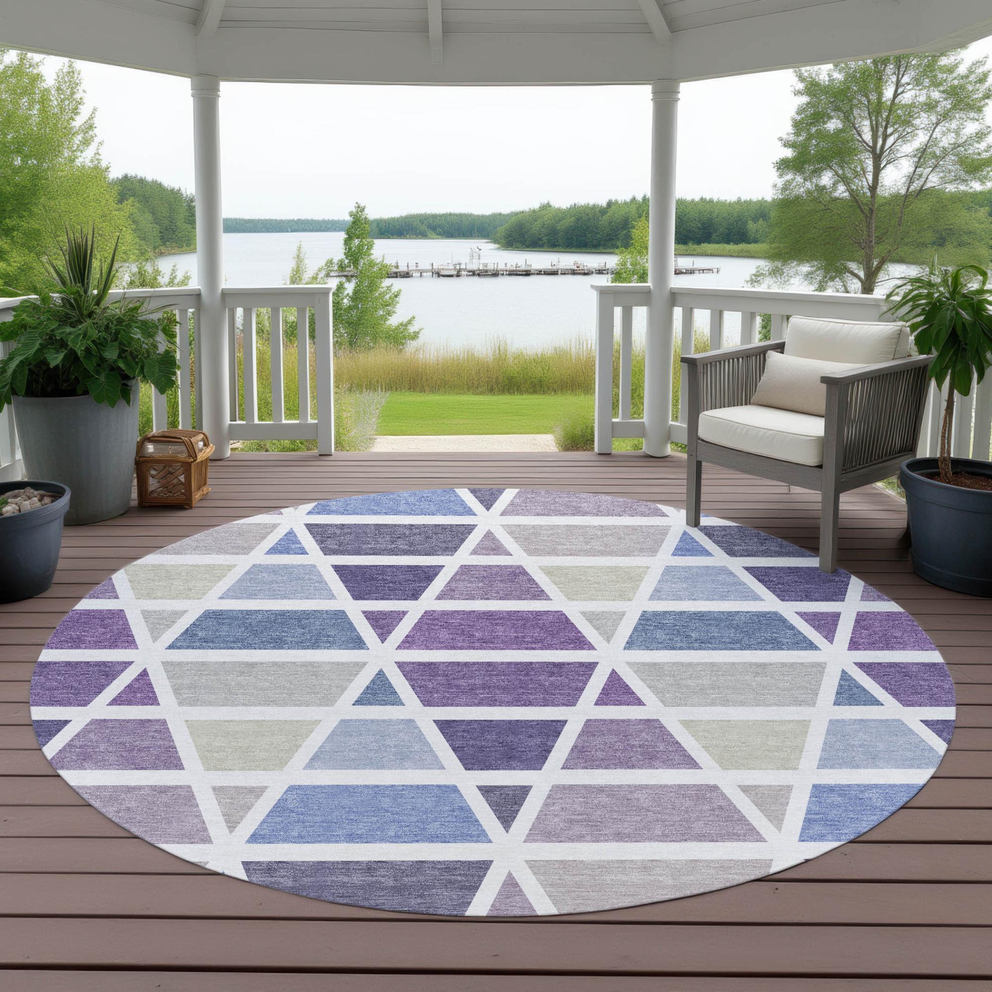 8' Plum And Purple Round Geometric Washable Indoor Outdoor Area Rug Homeroots Outdoor