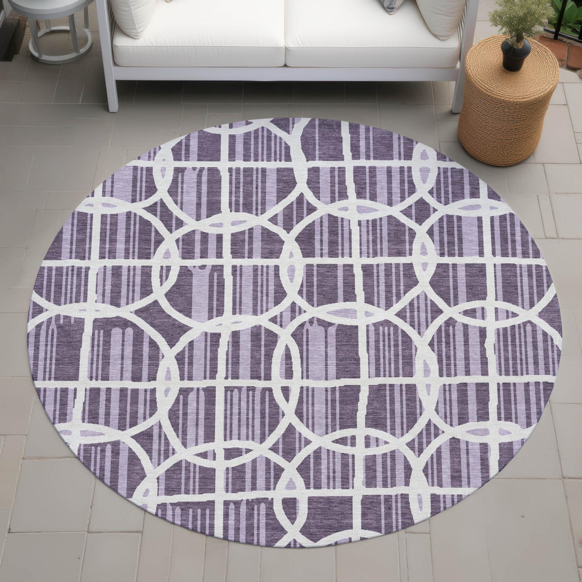 8' Plum And Purple Round Geometric Washable Indoor Outdoor Area Rug Homeroots Outdoor
