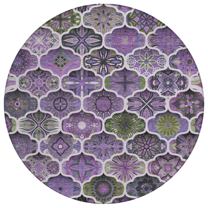 8' Plum And Purple Round Ogee Washable Indoor Outdoor Area Rug Homeroots Outdoor