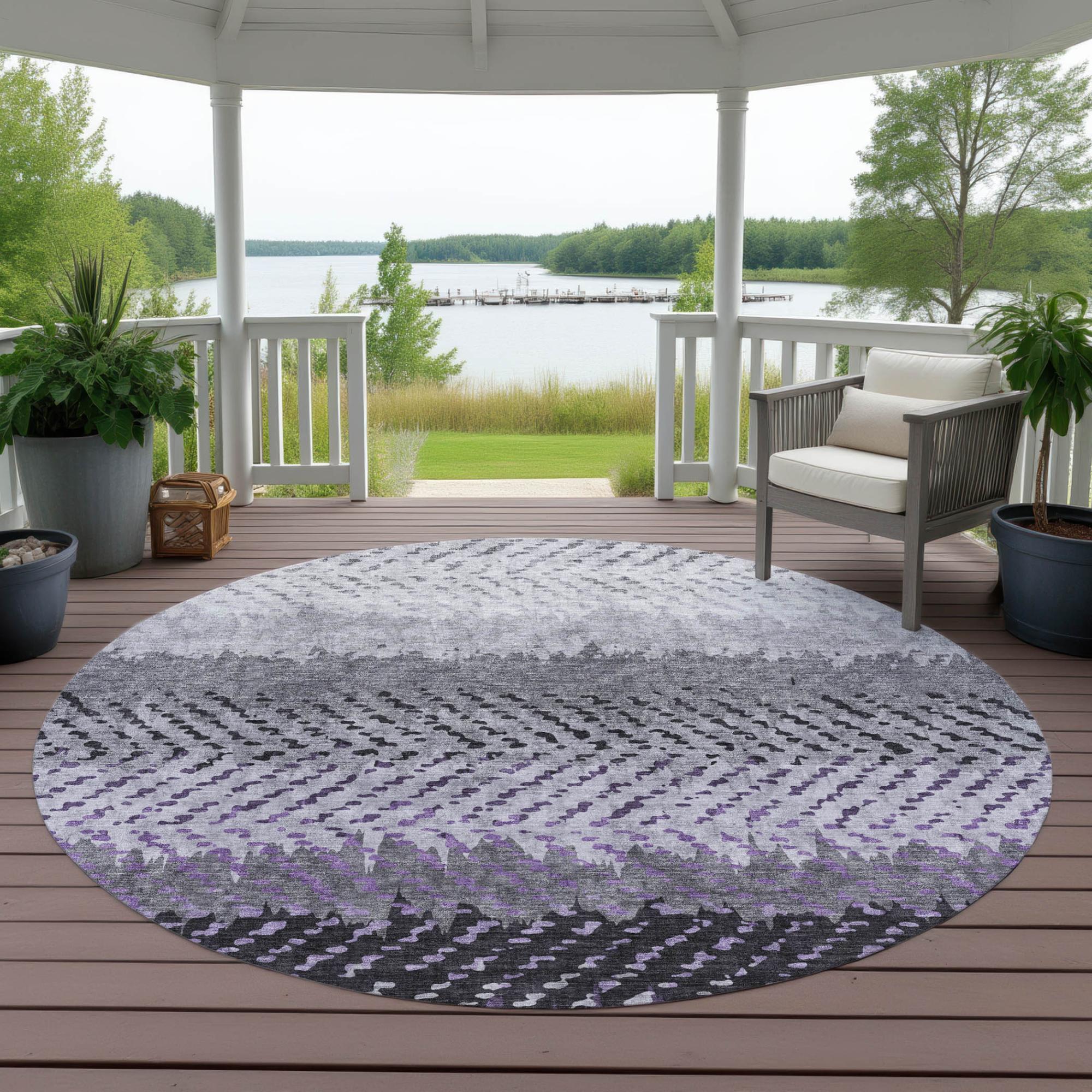 8' Plum And Purple Round Striped Washable Indoor Outdoor Area Rug Homeroots Outdoor