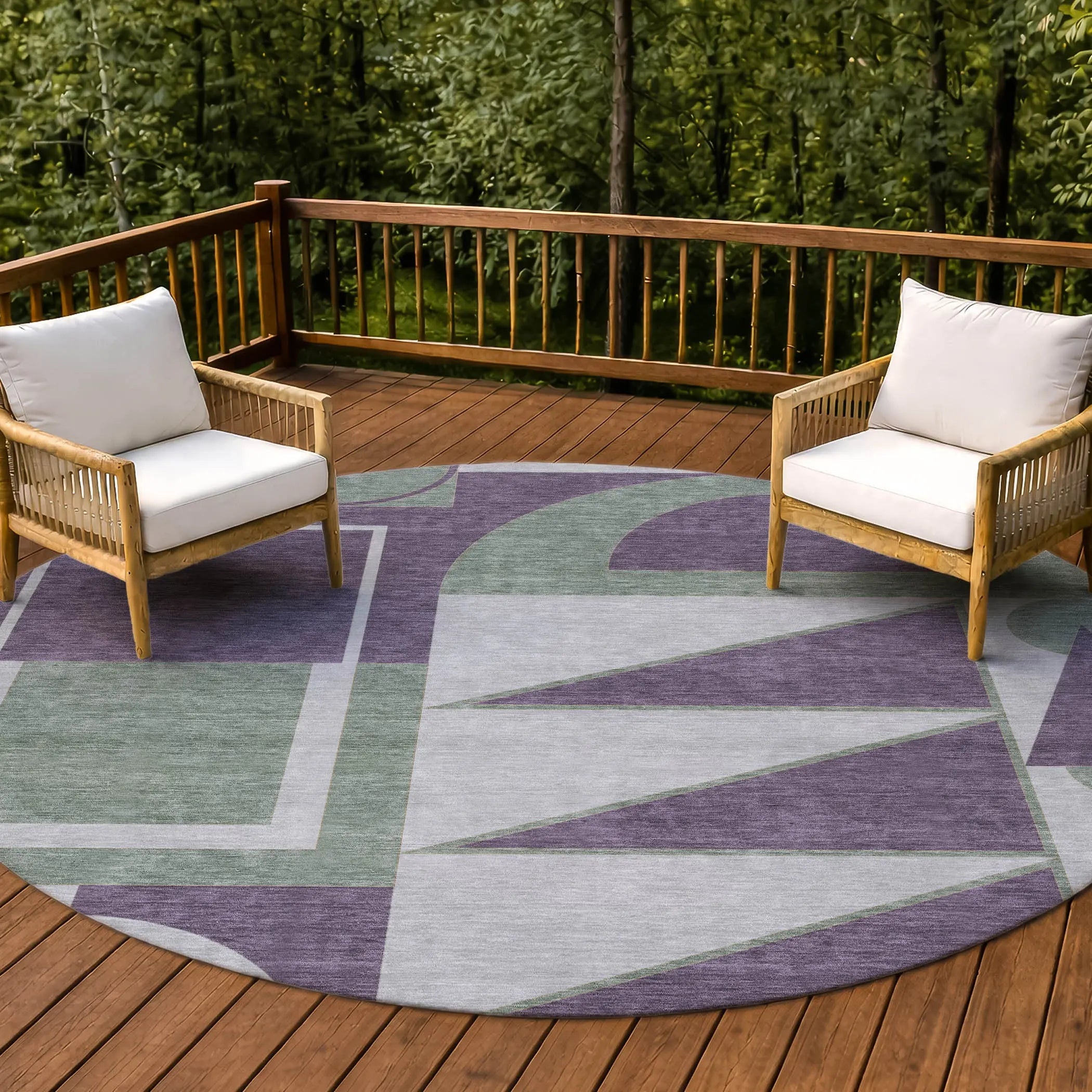 8' Plum And Silver Round Geometric Washable Indoor Outdoor Area Rug Homeroots Outdoor