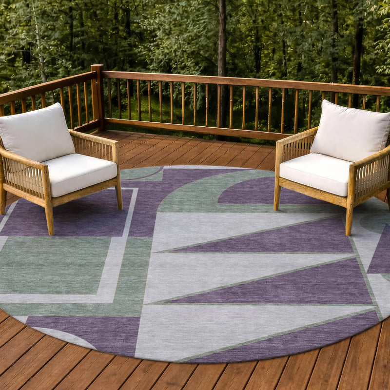 8' Plum And Silver Round Geometric Washable Indoor Outdoor Area Rug Homeroots Outdoor