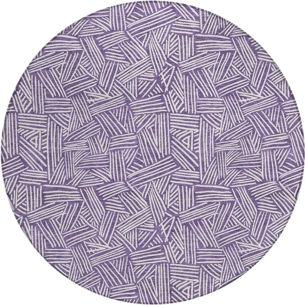 8' Purple And Beige Round Geometric Washable Indoor Outdoor Area Rug Homeroots Outdoor