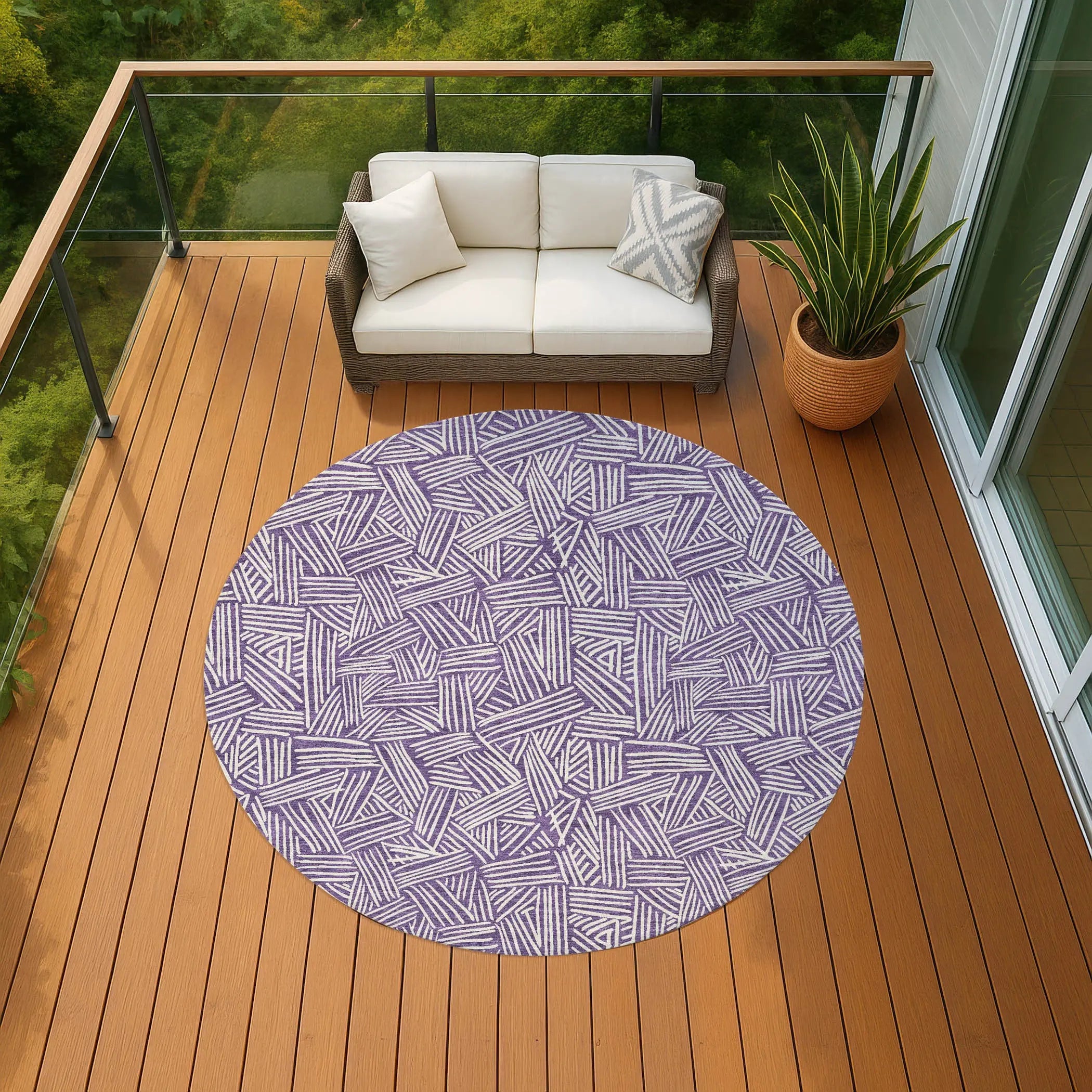 8' Purple And Beige Round Geometric Washable Indoor Outdoor Area Rug Homeroots Outdoor