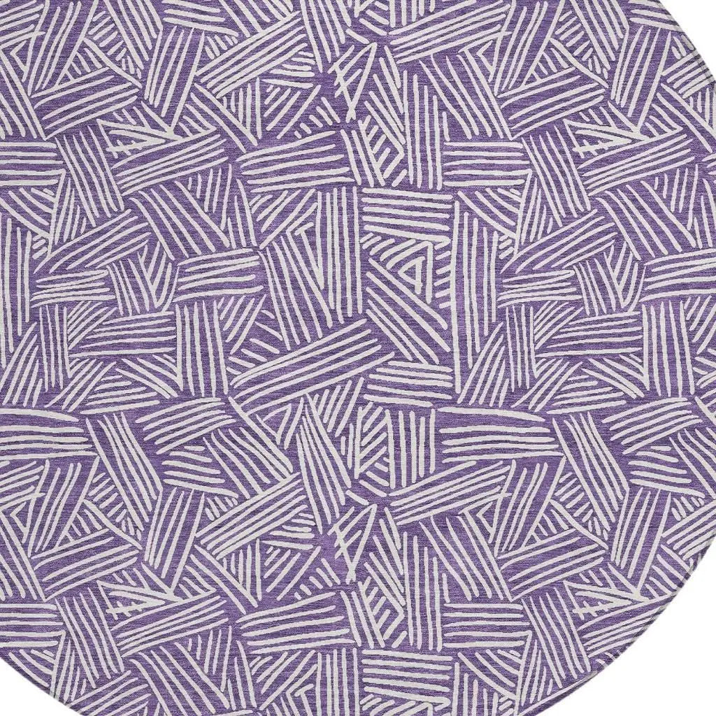 8' Purple And Beige Round Geometric Washable Indoor Outdoor Area Rug Homeroots Outdoor