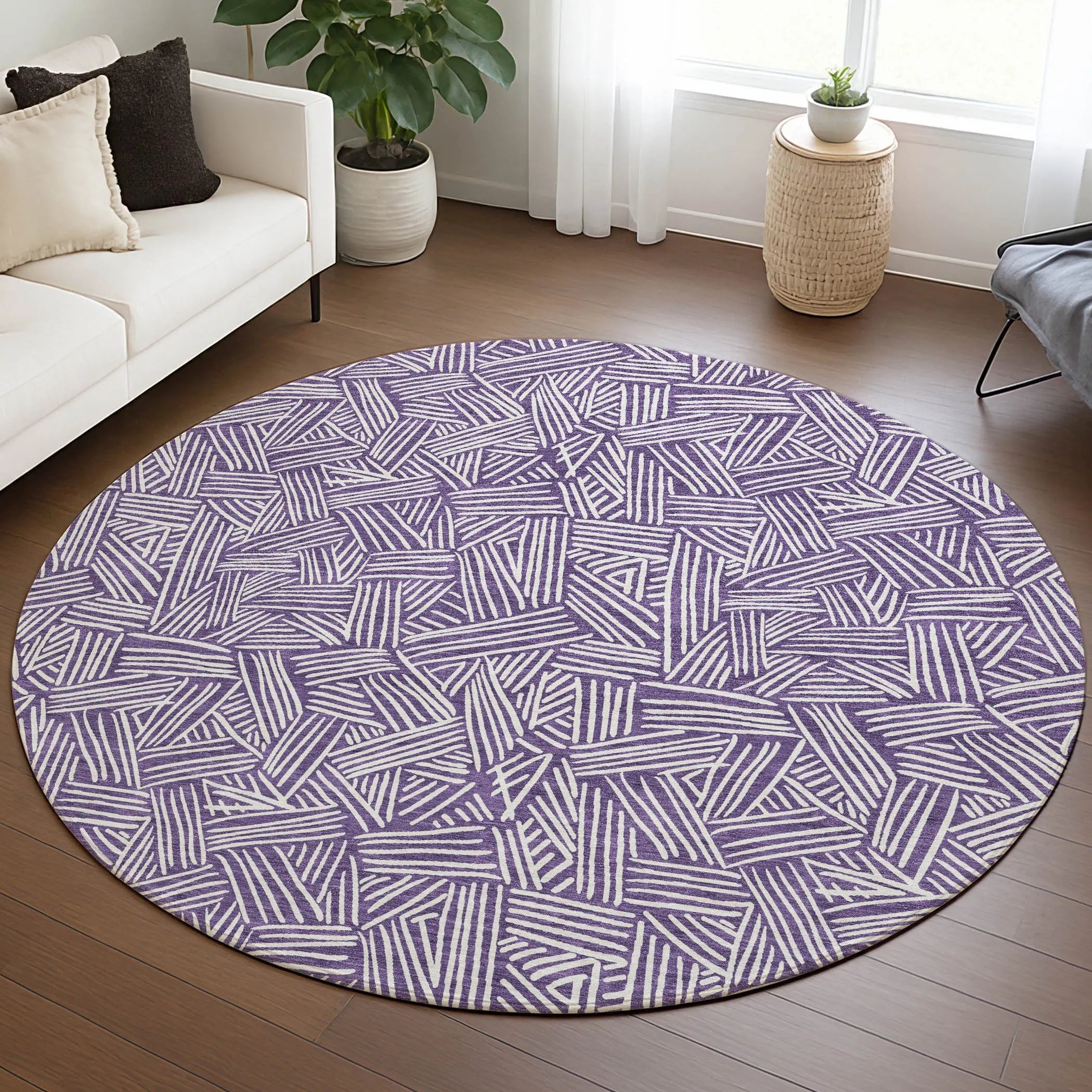 8' Purple And Beige Round Geometric Washable Indoor Outdoor Area Rug Homeroots Outdoor