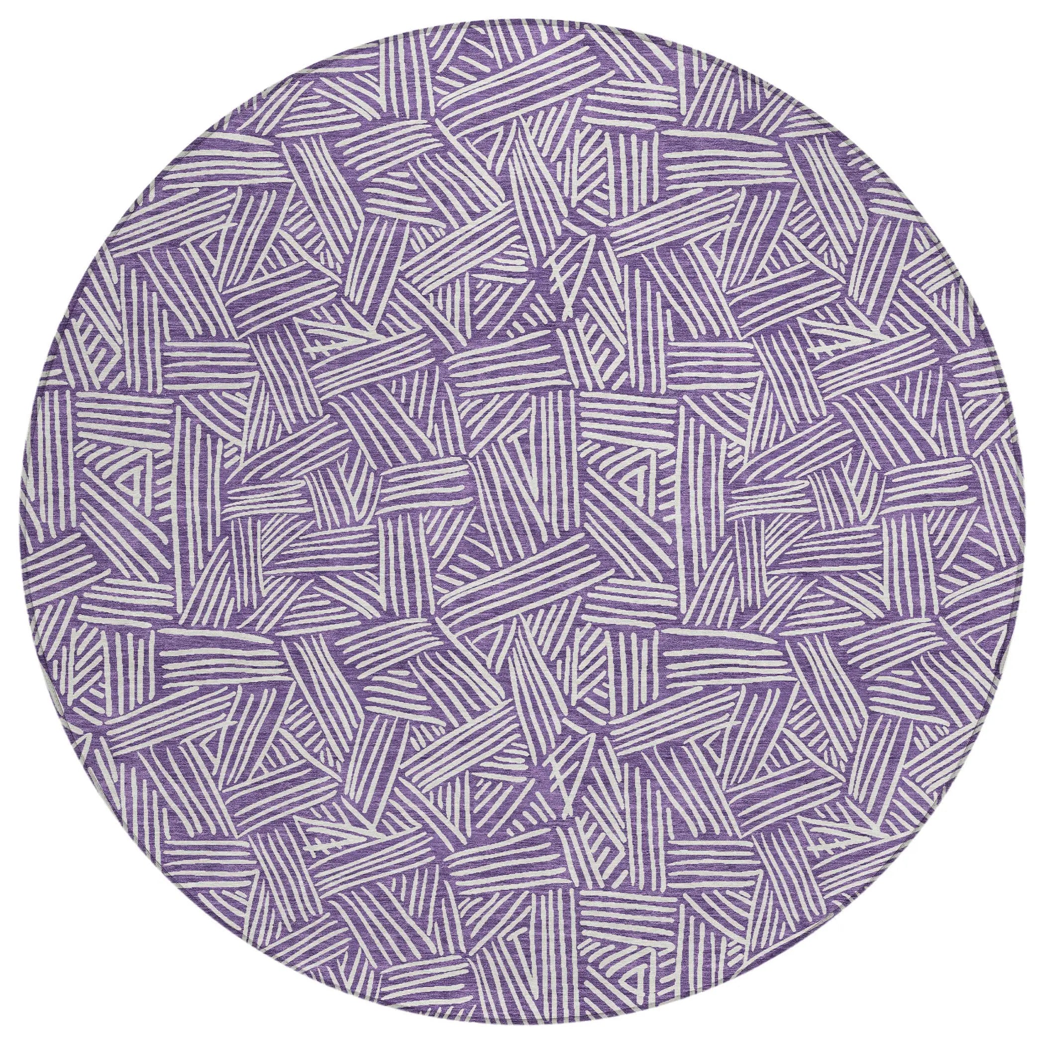8' Purple And Beige Round Geometric Washable Indoor Outdoor Area Rug Homeroots Outdoor