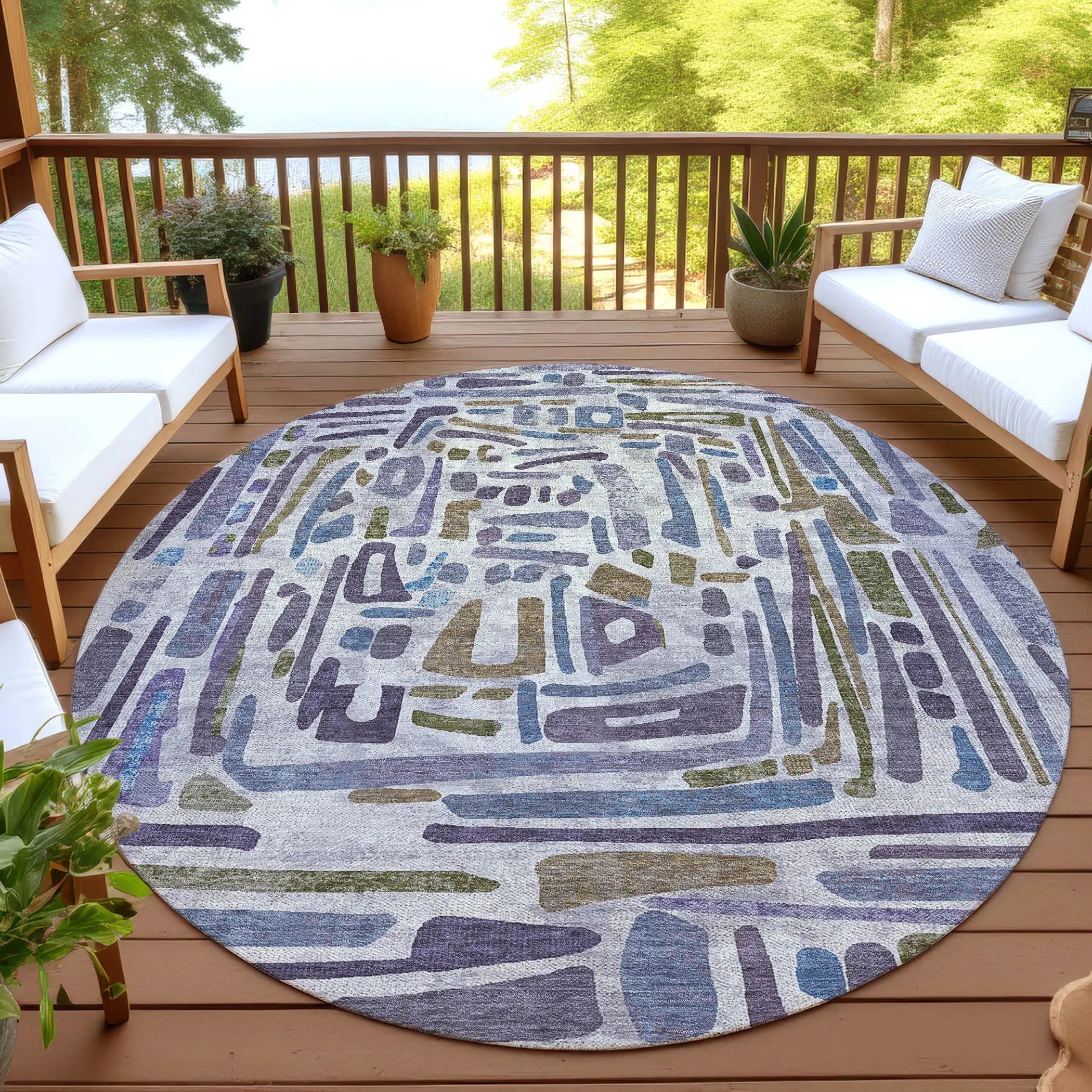8' Purple And Brown Round Abstract Washable Indoor Outdoor Area Rug Homeroots Outdoor