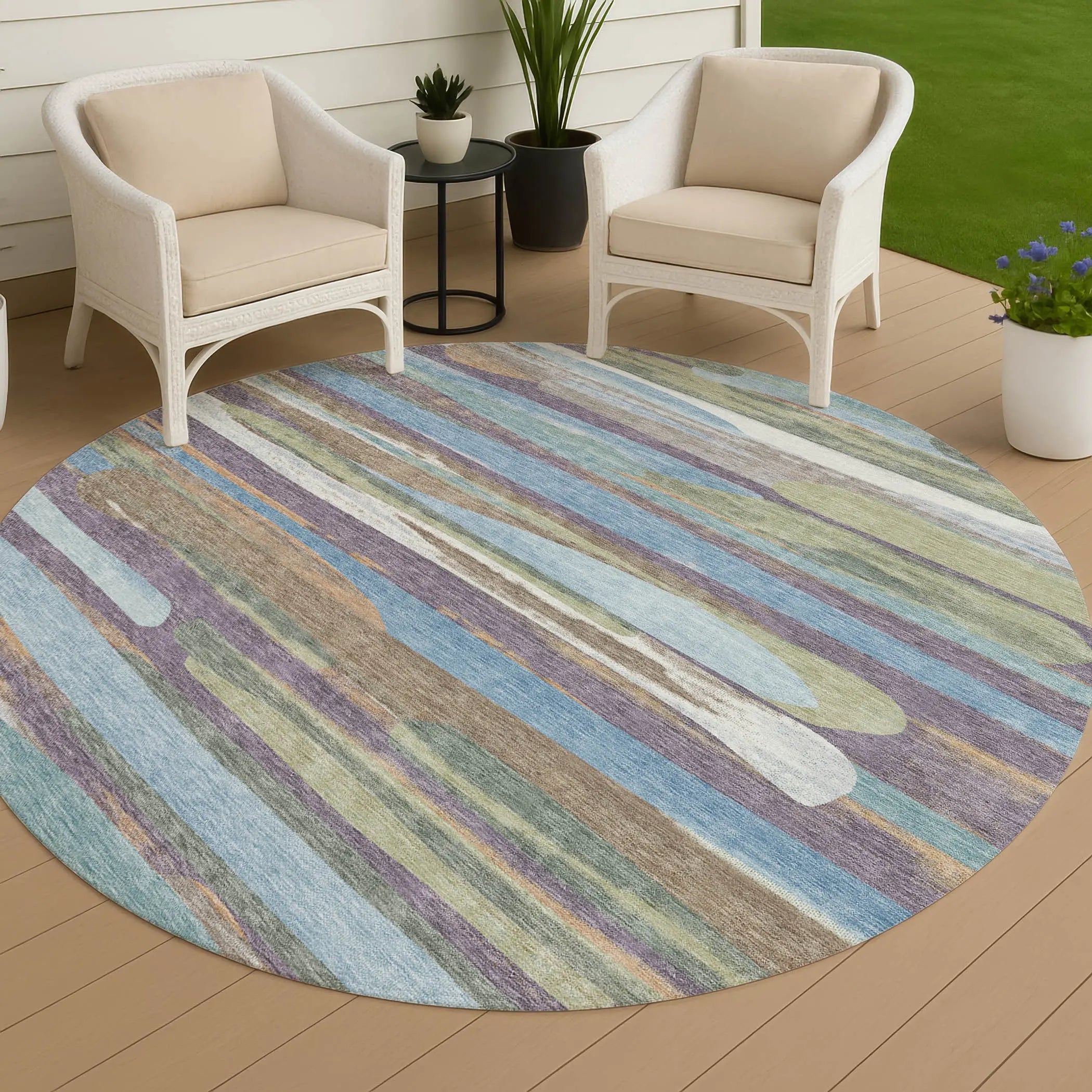 8' Purple And Green Round Abstract Washable Indoor Outdoor Area Rug Homeroots Outdoor