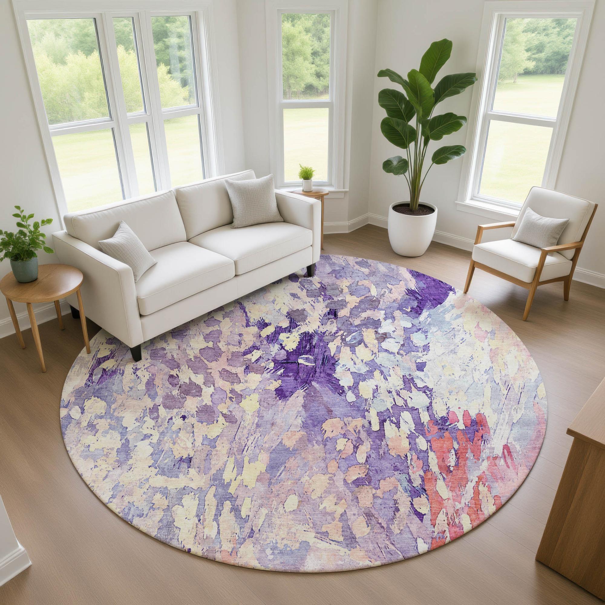 8' Purple And Lavender Round Abstract Washable Indoor Outdoor Area Rug Homeroots Outdoor
