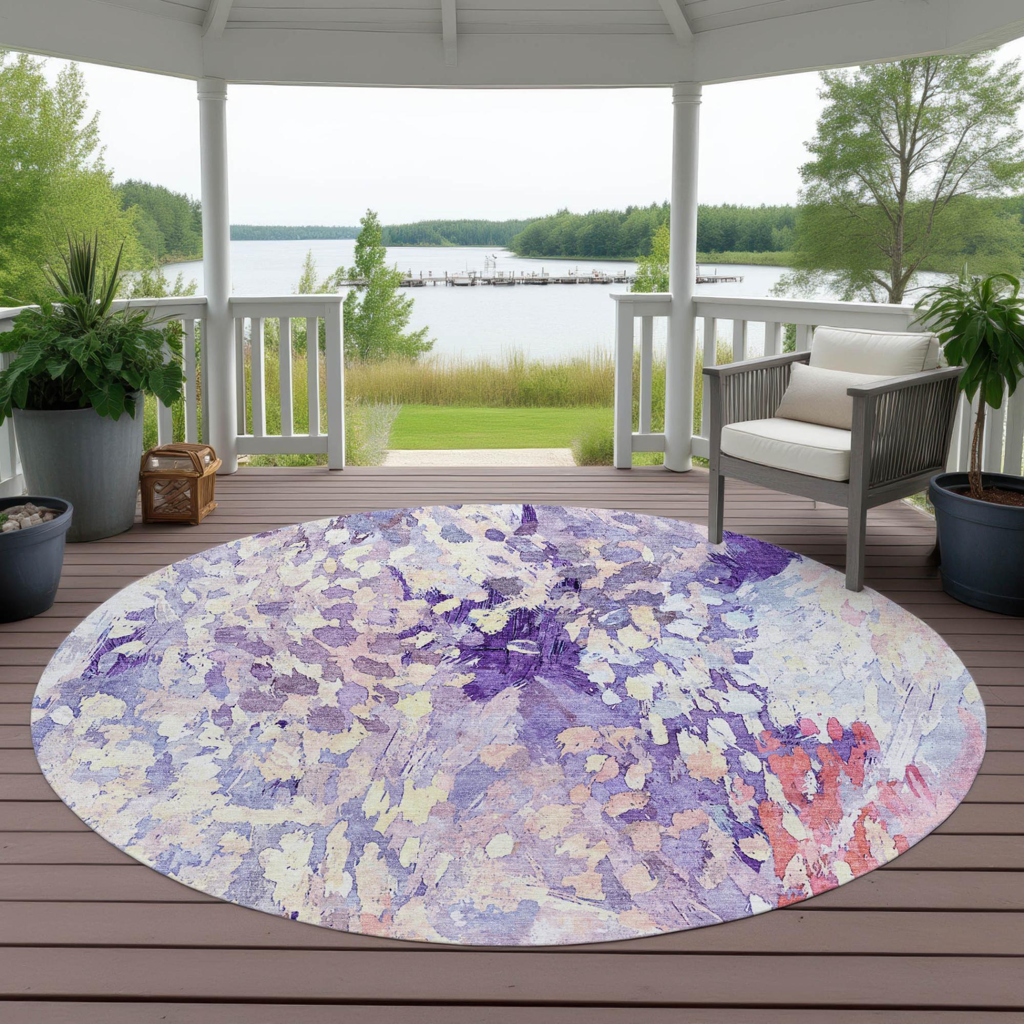 8' Purple And Lavender Round Abstract Washable Indoor Outdoor Area Rug Homeroots Outdoor