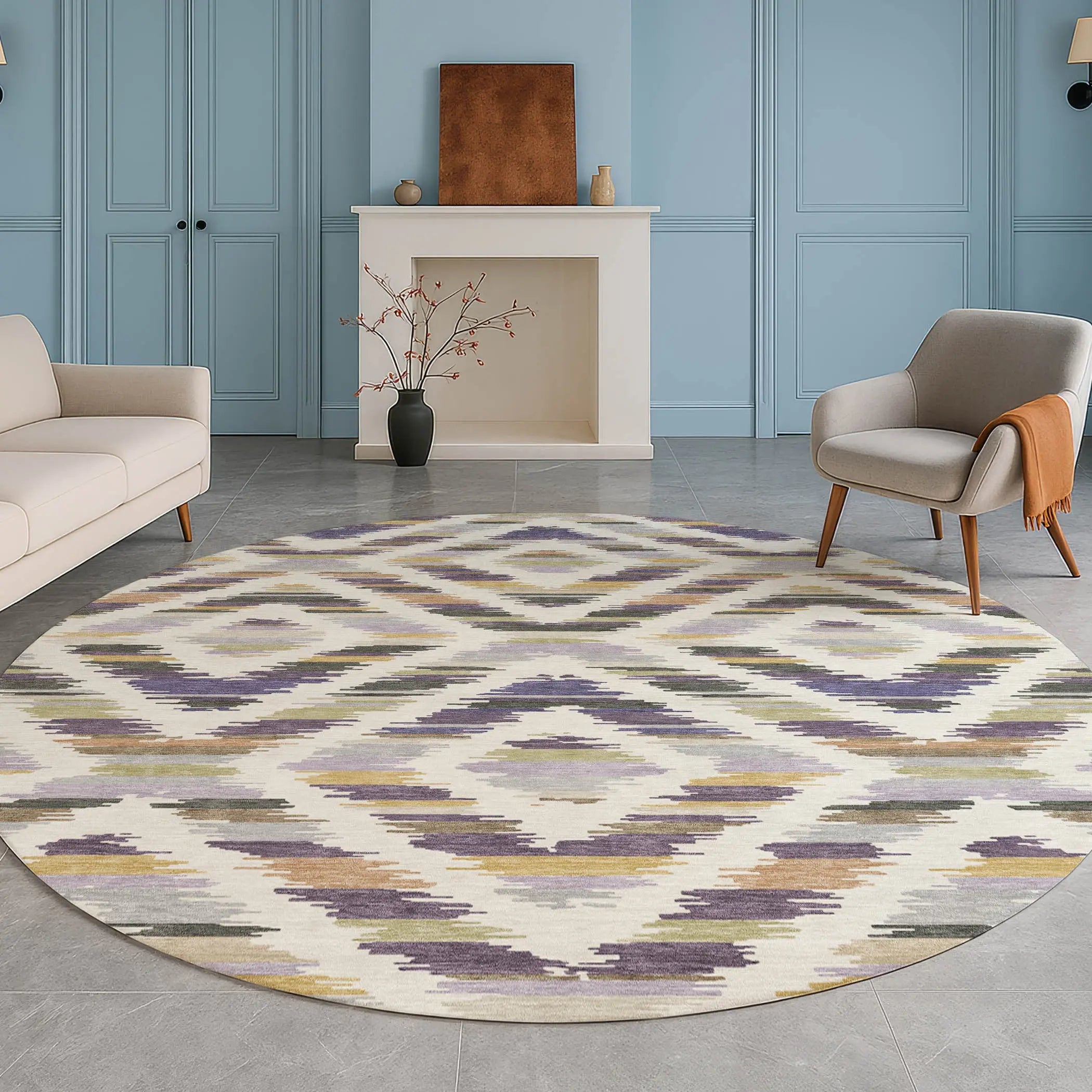 8' Purple And Lavender Round Tribal Washable Indoor Outdoor Area Rug Homeroots Outdoor