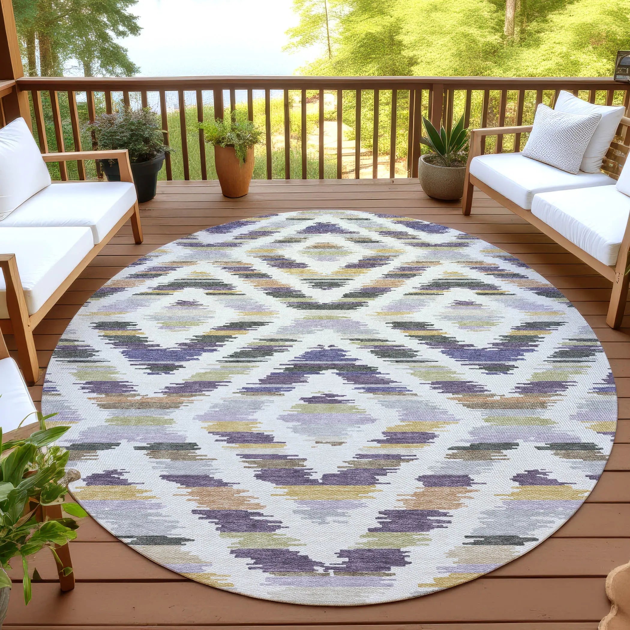 8' Purple And Lavender Round Tribal Washable Indoor Outdoor Area Rug Homeroots Outdoor