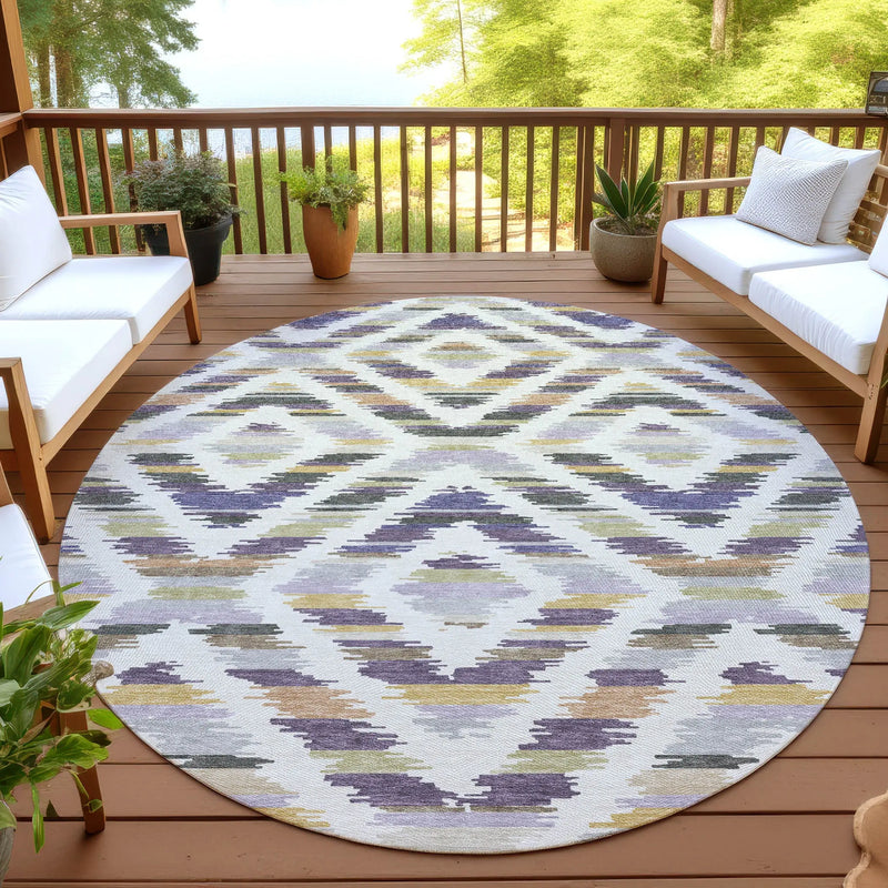 8' Purple And Lavender Round Tribal Washable Indoor Outdoor Area Rug Homeroots Outdoor